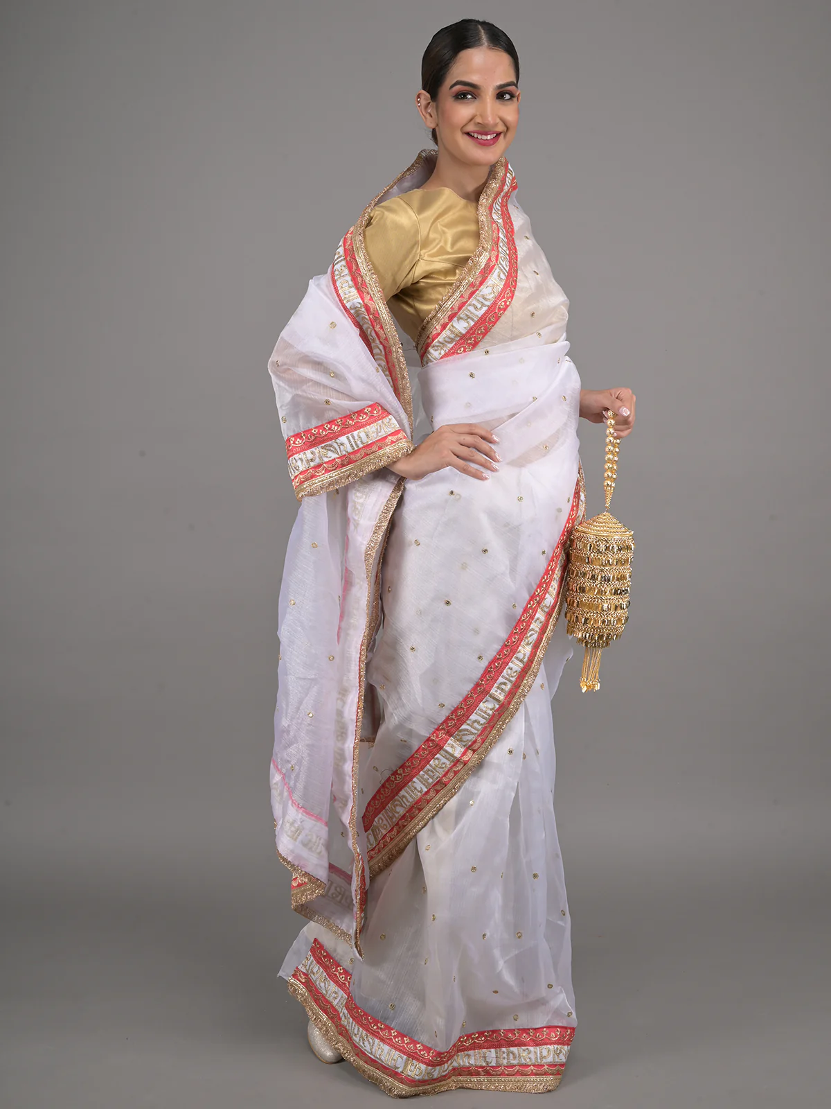 Odette White and Red Embroidered Organza Saree for Women - Image 2