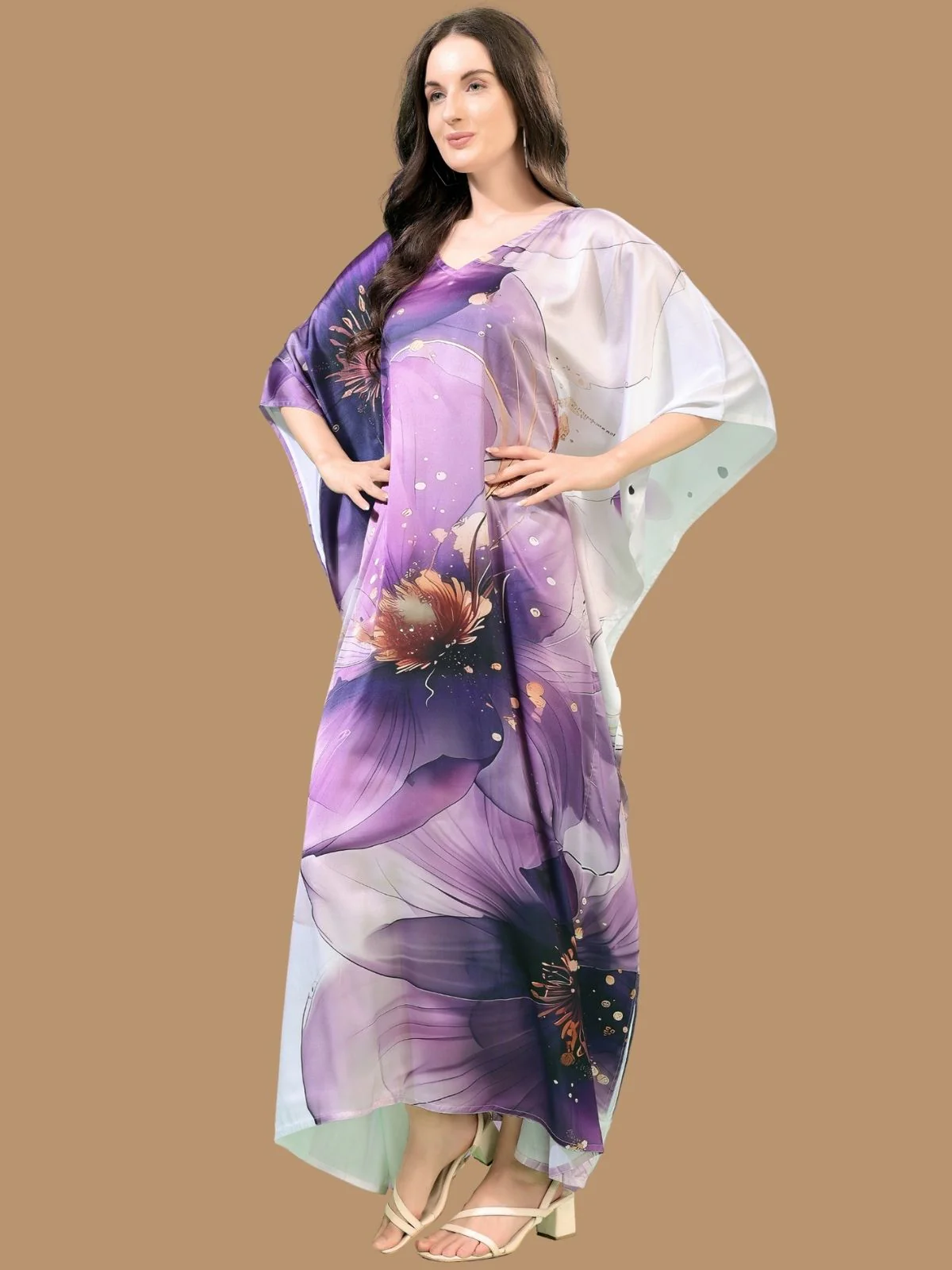 Odette White And Violet Satin Printed Kaftan For Women - Image 2