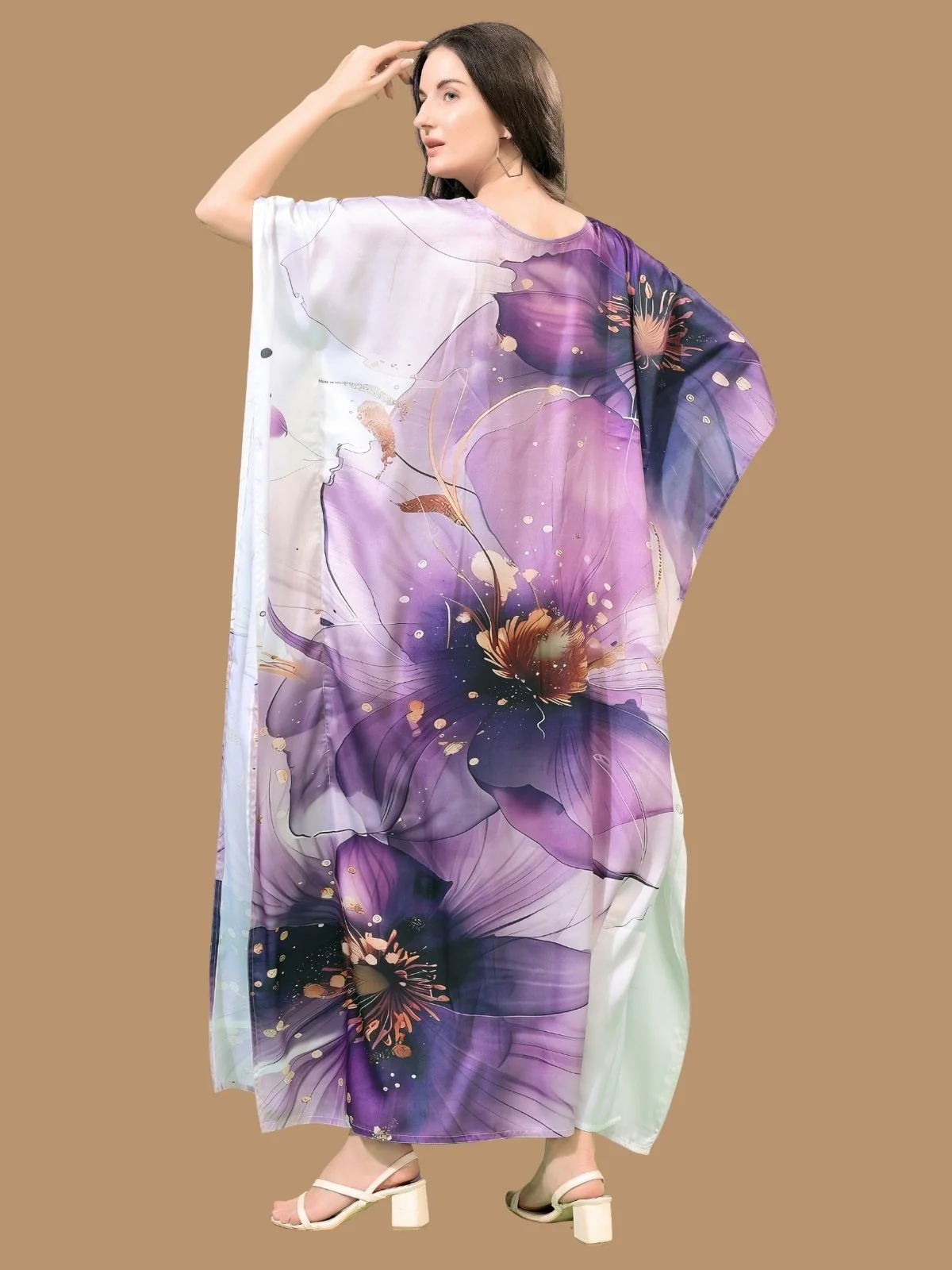 Odette White And Violet Satin Printed Kaftan For Women - Image 3