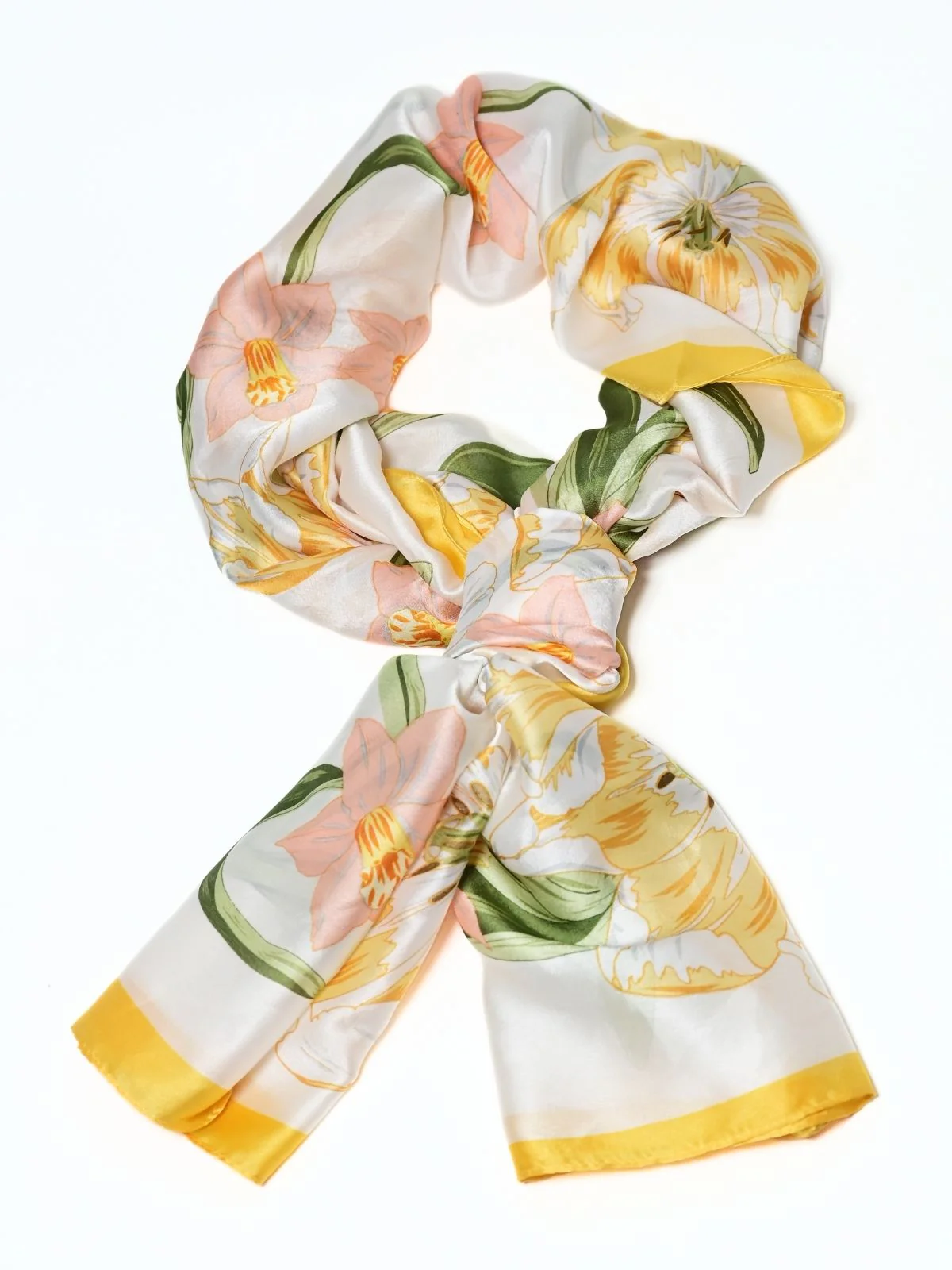 Odette White And Yellow Printed Satin Scarf For Women - Image 3