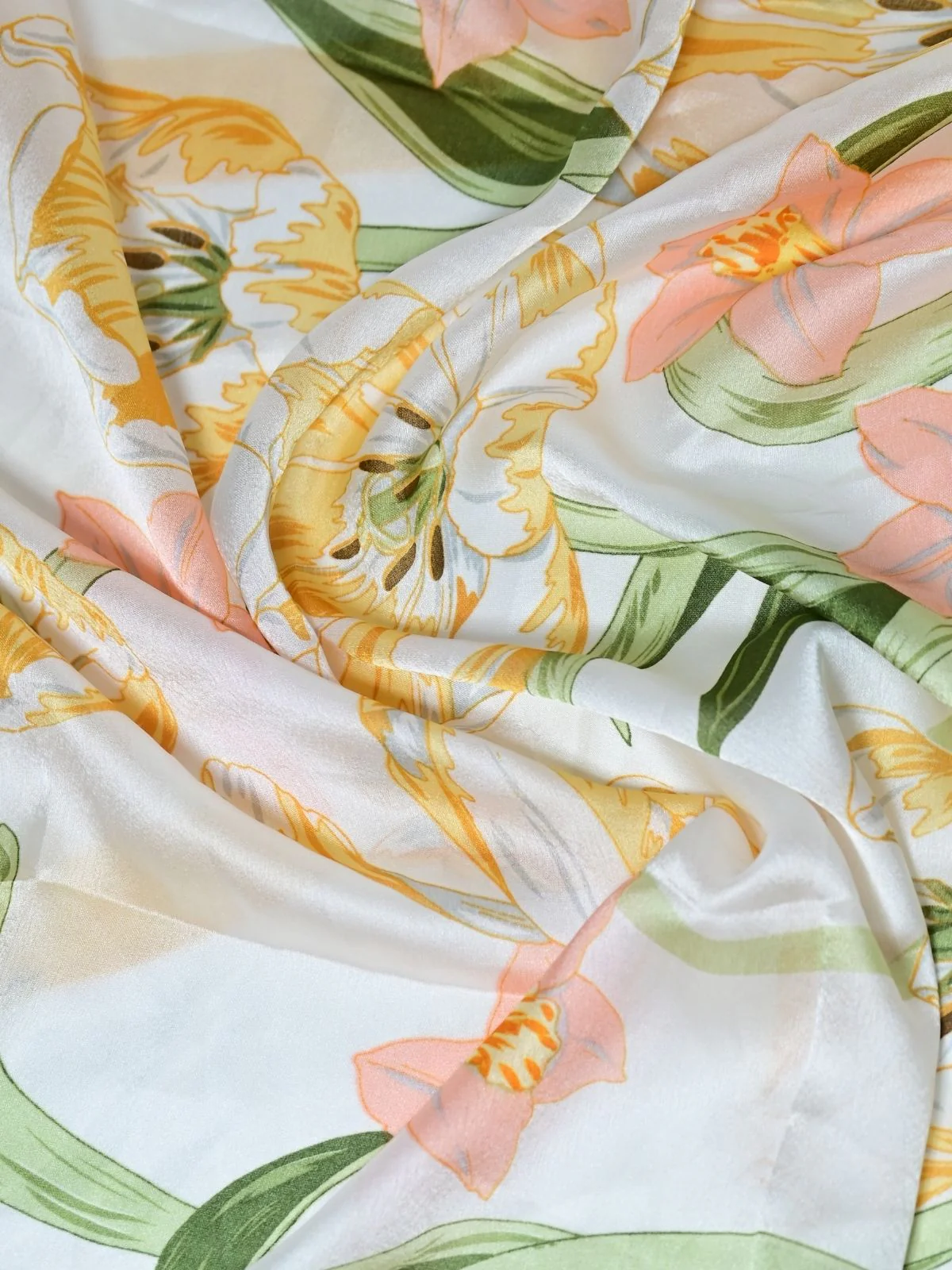 Odette White And Yellow Printed Satin Scarf For Women - Image 6