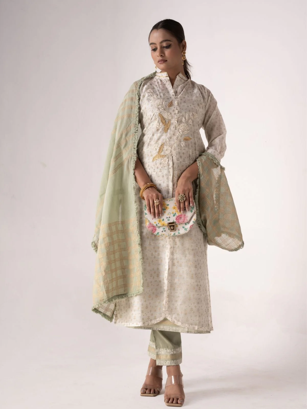 Odette White Art Silk Designer Embroidered Semi-Stitched Kurta Set For Women - Image 2