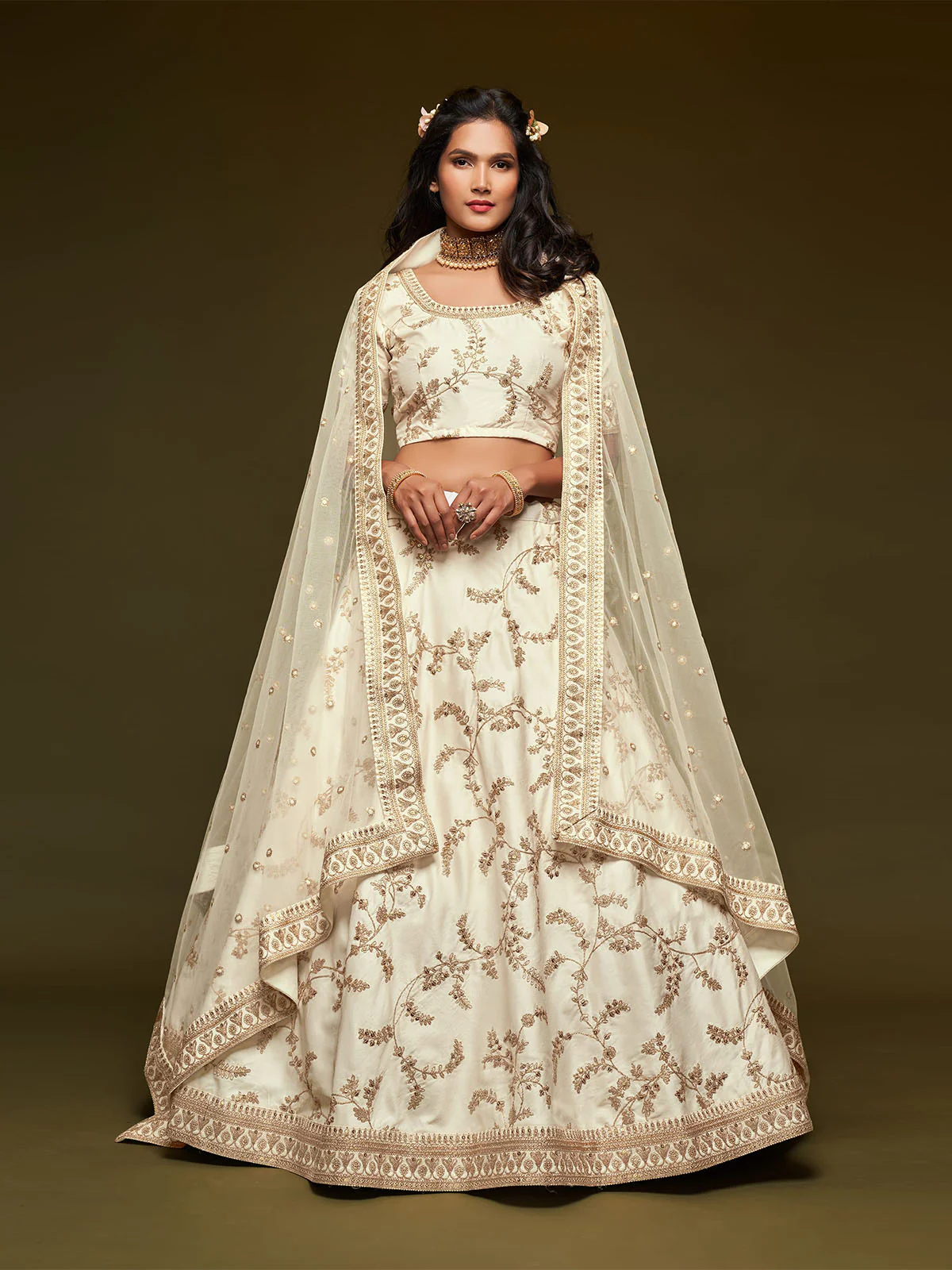 Odette White Art Silk Embroidered Semi Stitched Lehenga With Unstitched Blouse For Women - Image 2