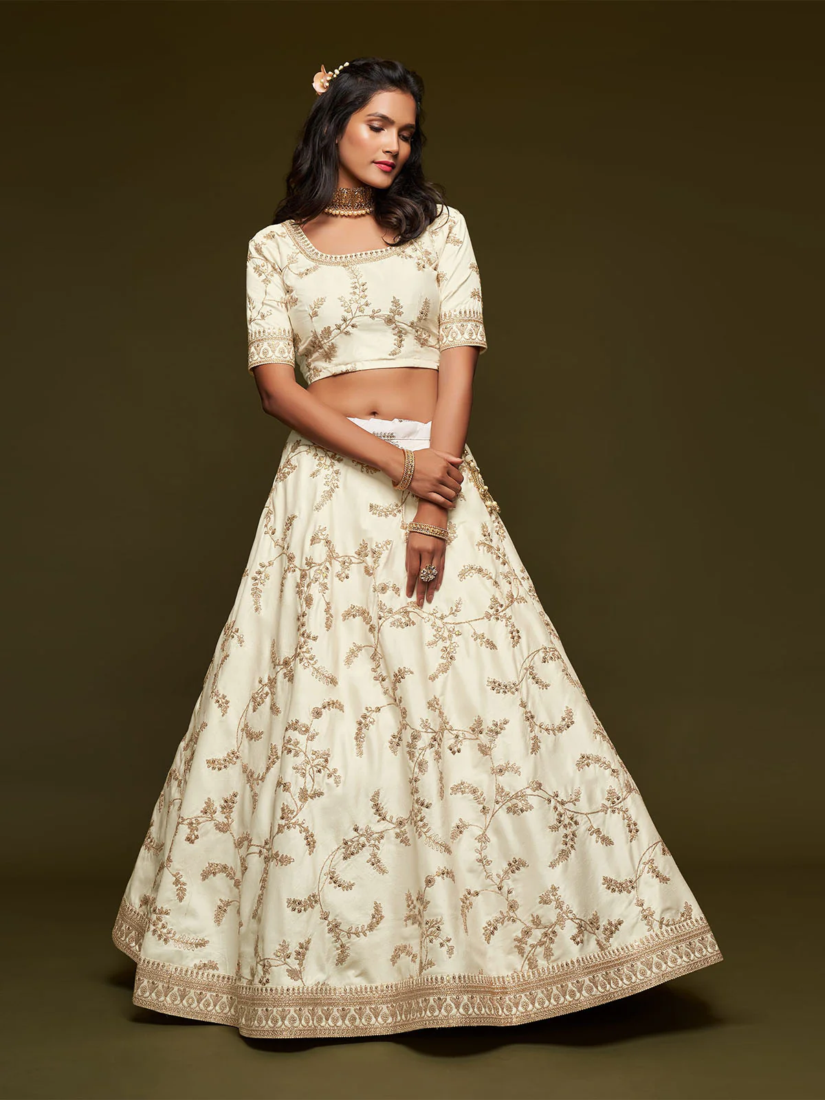 Odette White Art Silk Embroidered Semi Stitched Lehenga With Unstitched Blouse For Women - Image 3