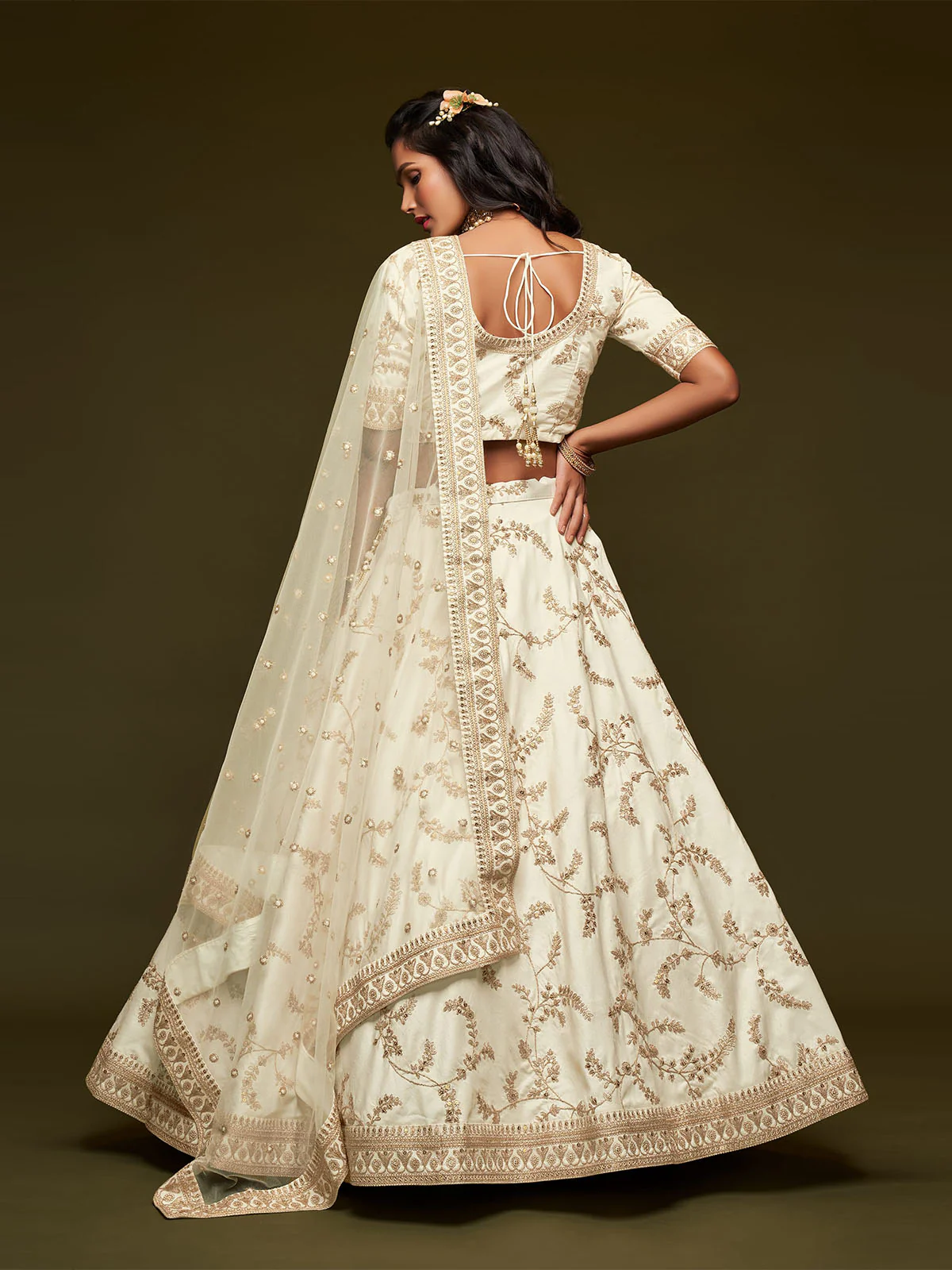 Odette White Art Silk Embroidered Semi Stitched Lehenga With Unstitched Blouse For Women - Image 4