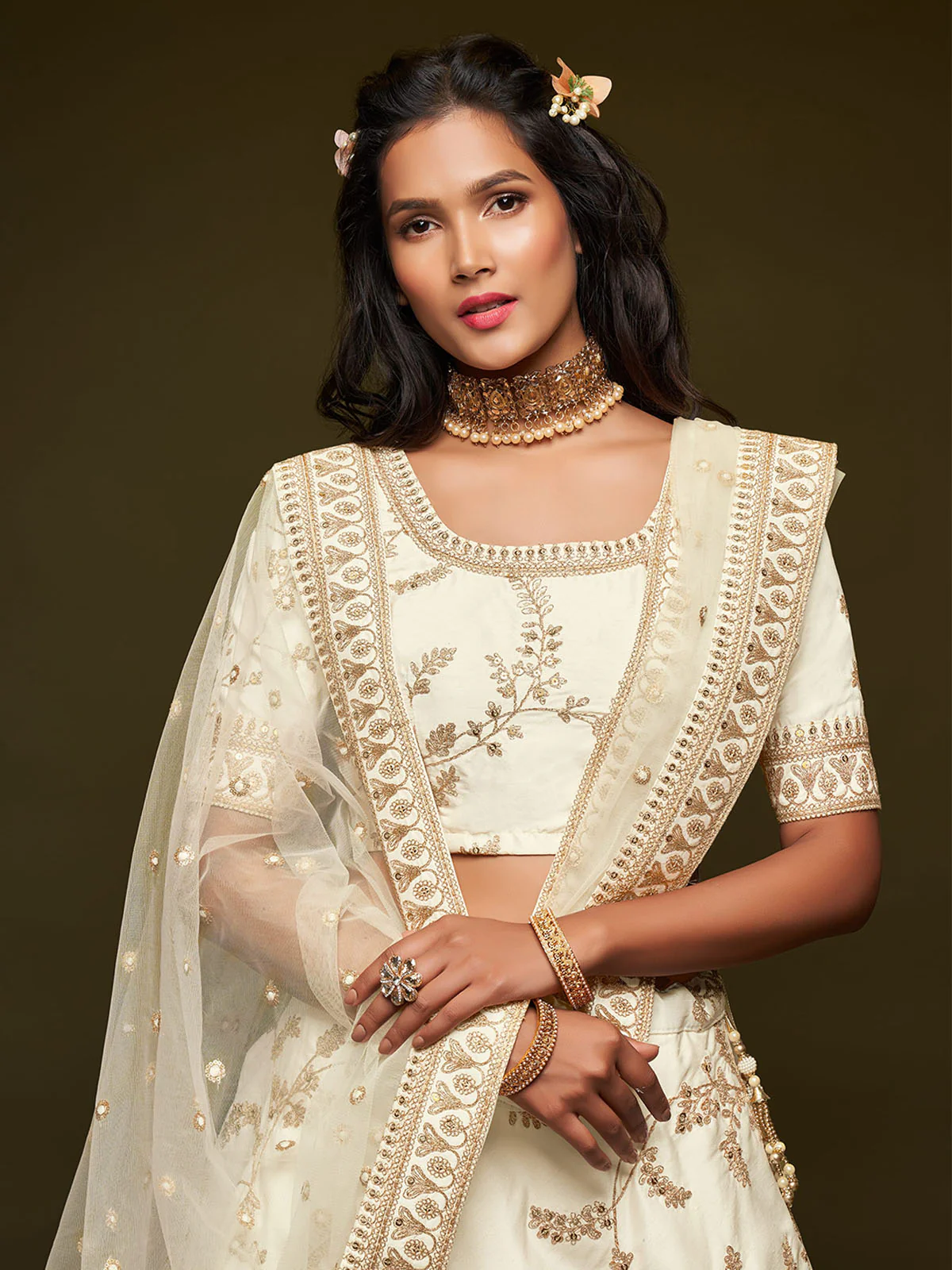 Odette White Art Silk Embroidered Semi Stitched Lehenga With Unstitched Blouse For Women - Image 5