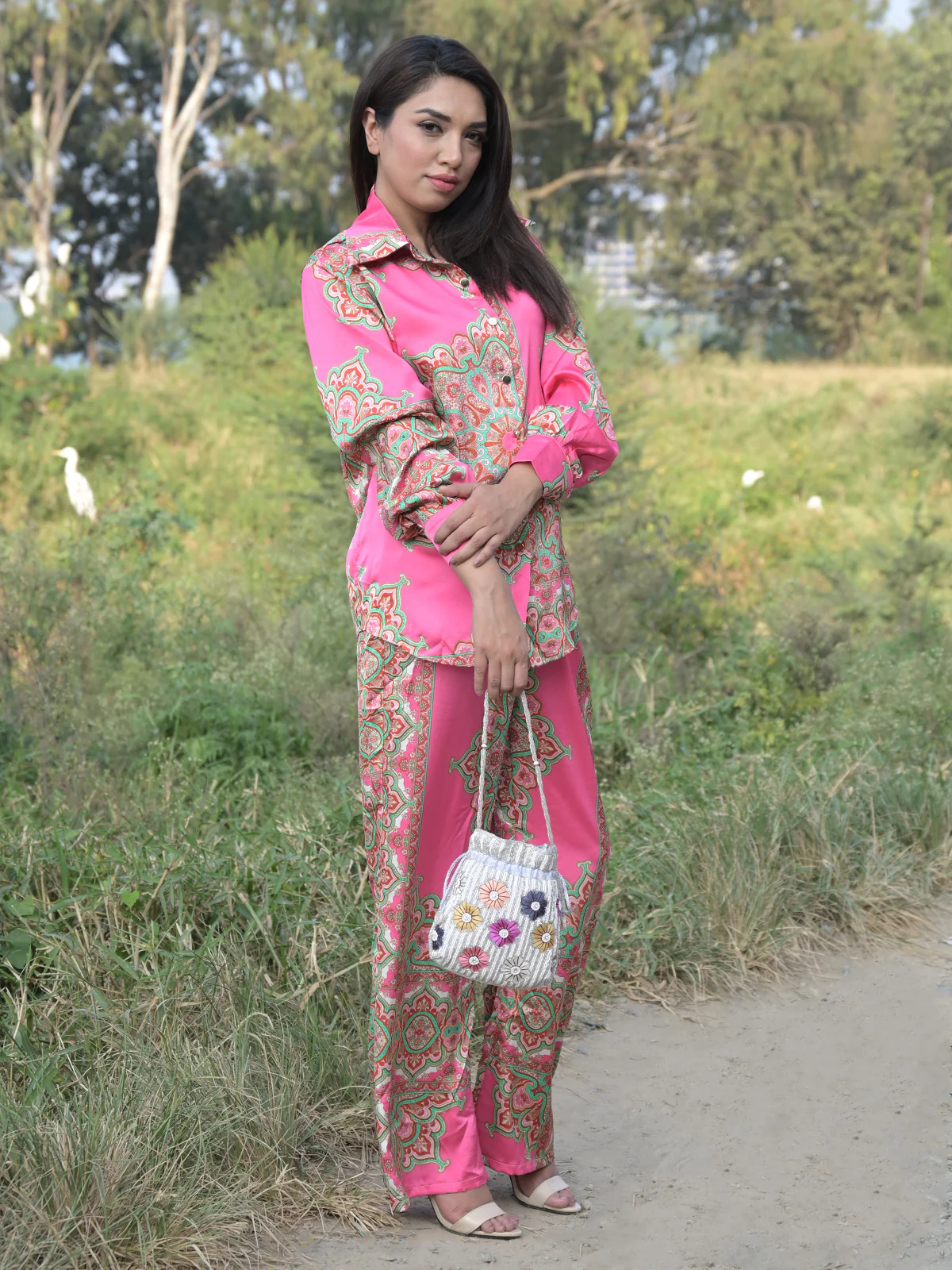 Odette White Beads and Multicolor Floral Embroidered Potli for Women - Image 2