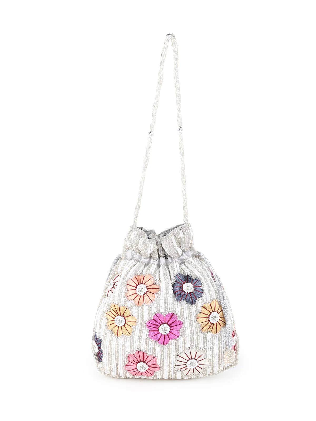 Odette White Beads and Multicolor Floral Embroidered Potli for Women - Image 3