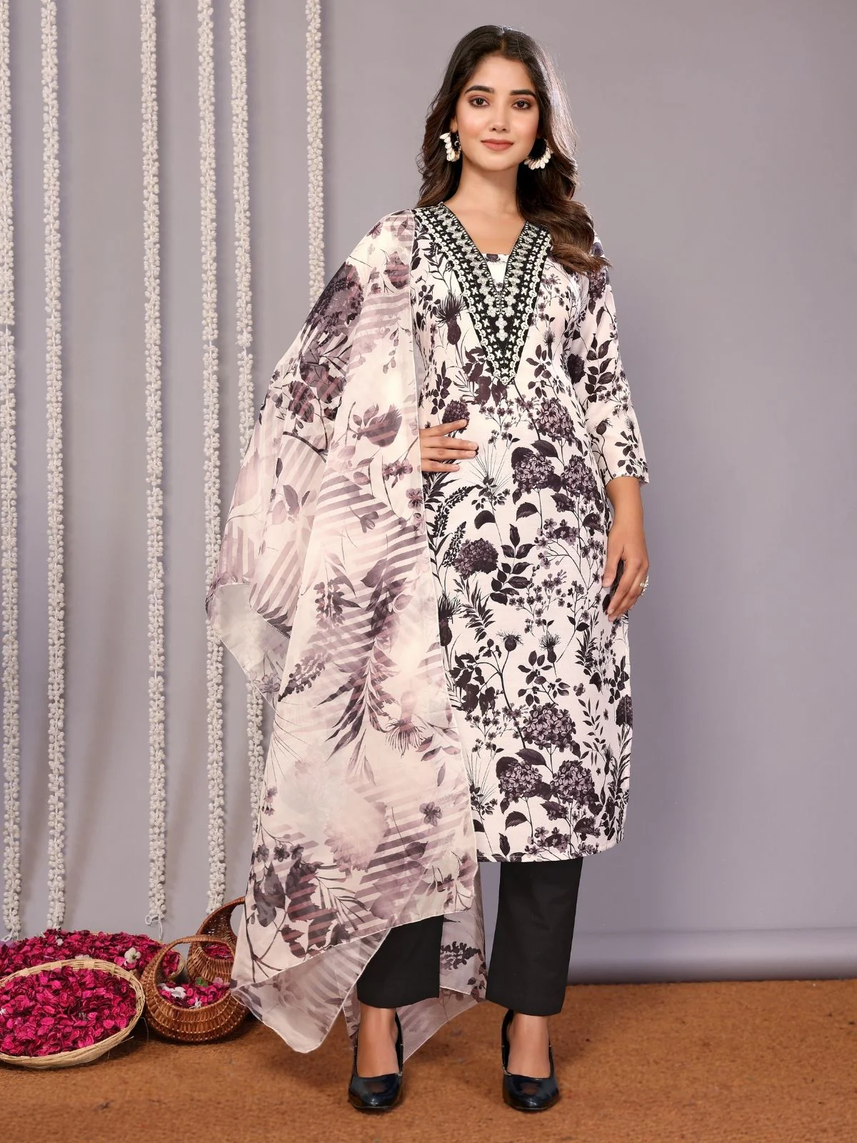 Odette White & Black Cotton Blend Printed Stiched Kurta Set For Women