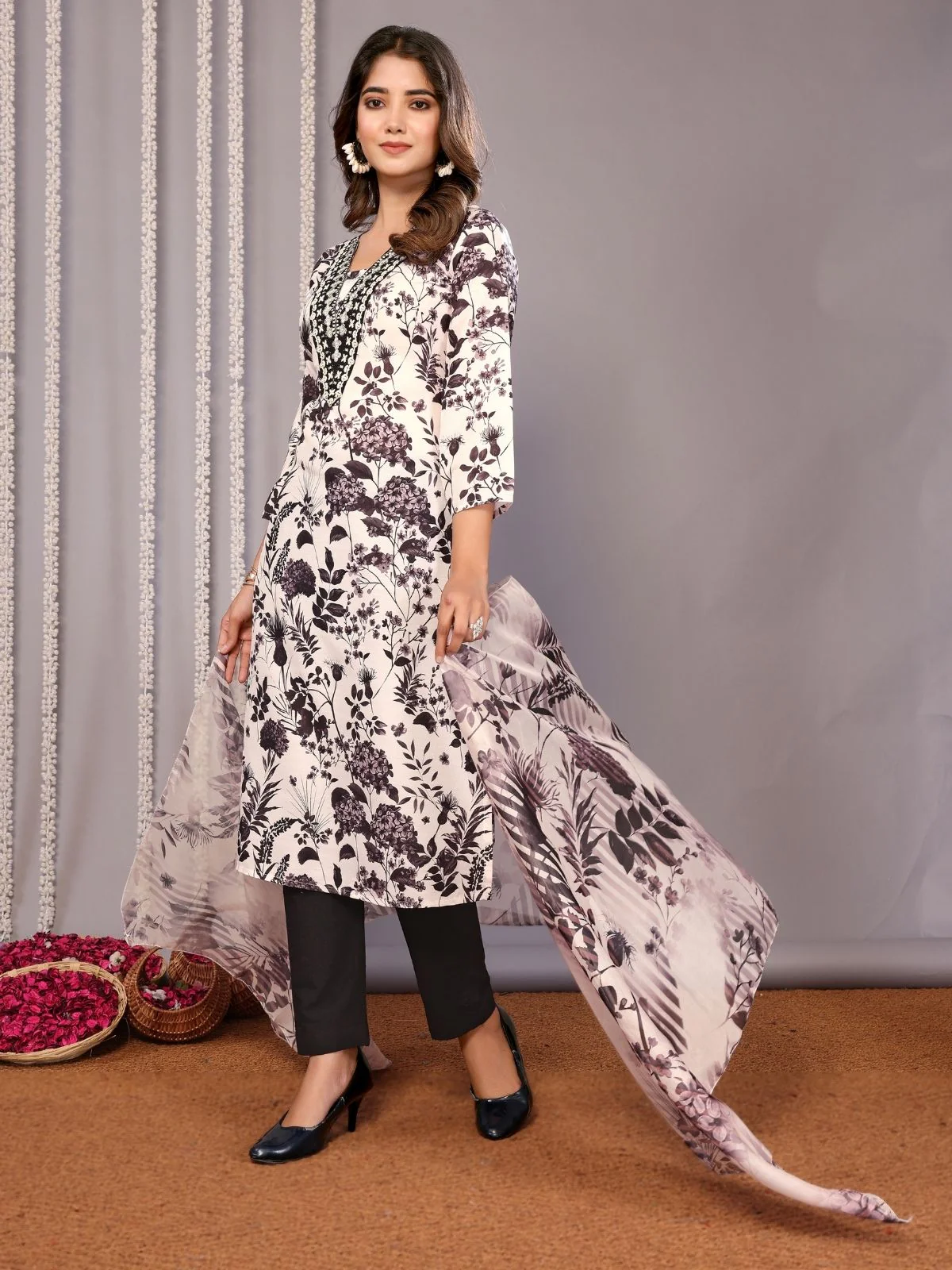 Odette White & Black Cotton Blend Printed Stiched Kurta Set For Women - Image 2