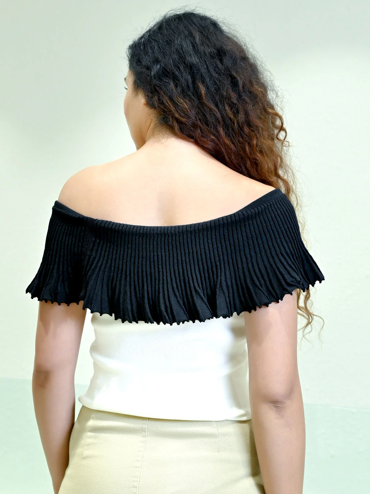 Odette White & Black Cotton Rib Solid Top For Women - Image 4