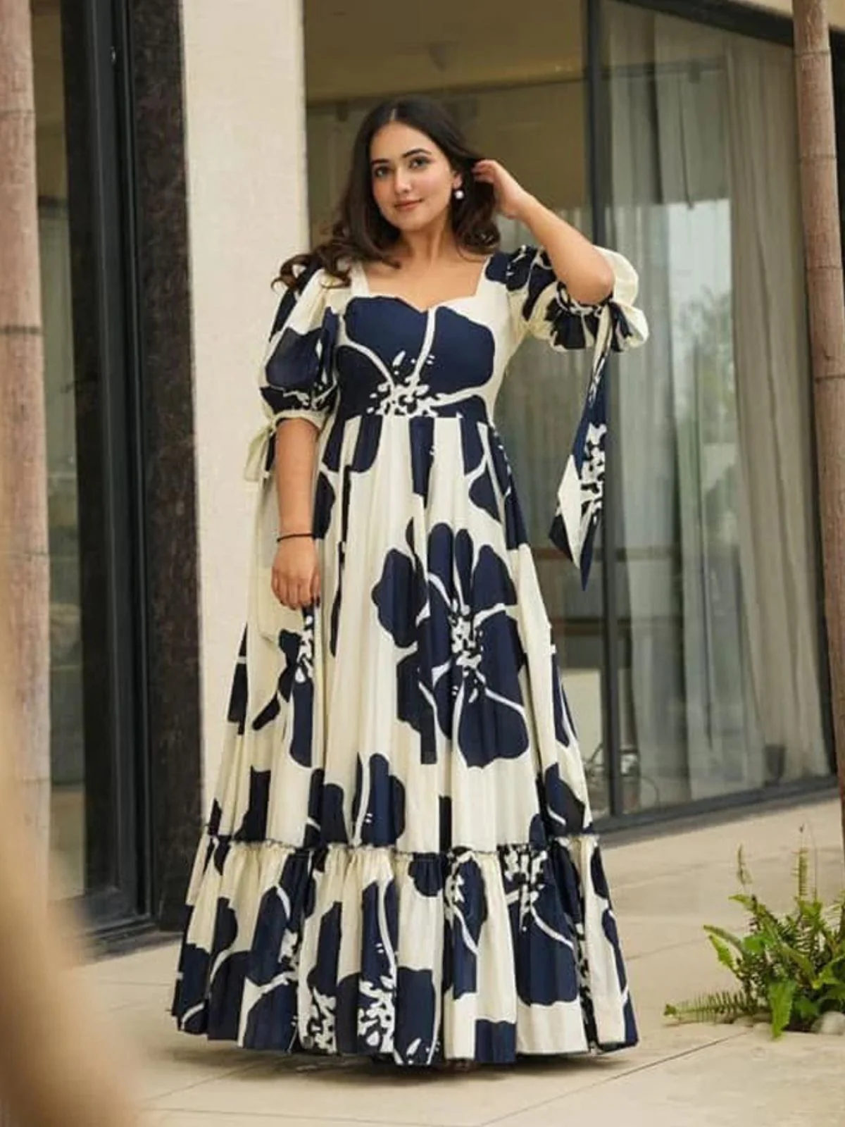 Odette White & Blue Cotton Blend Printed Gown For Women