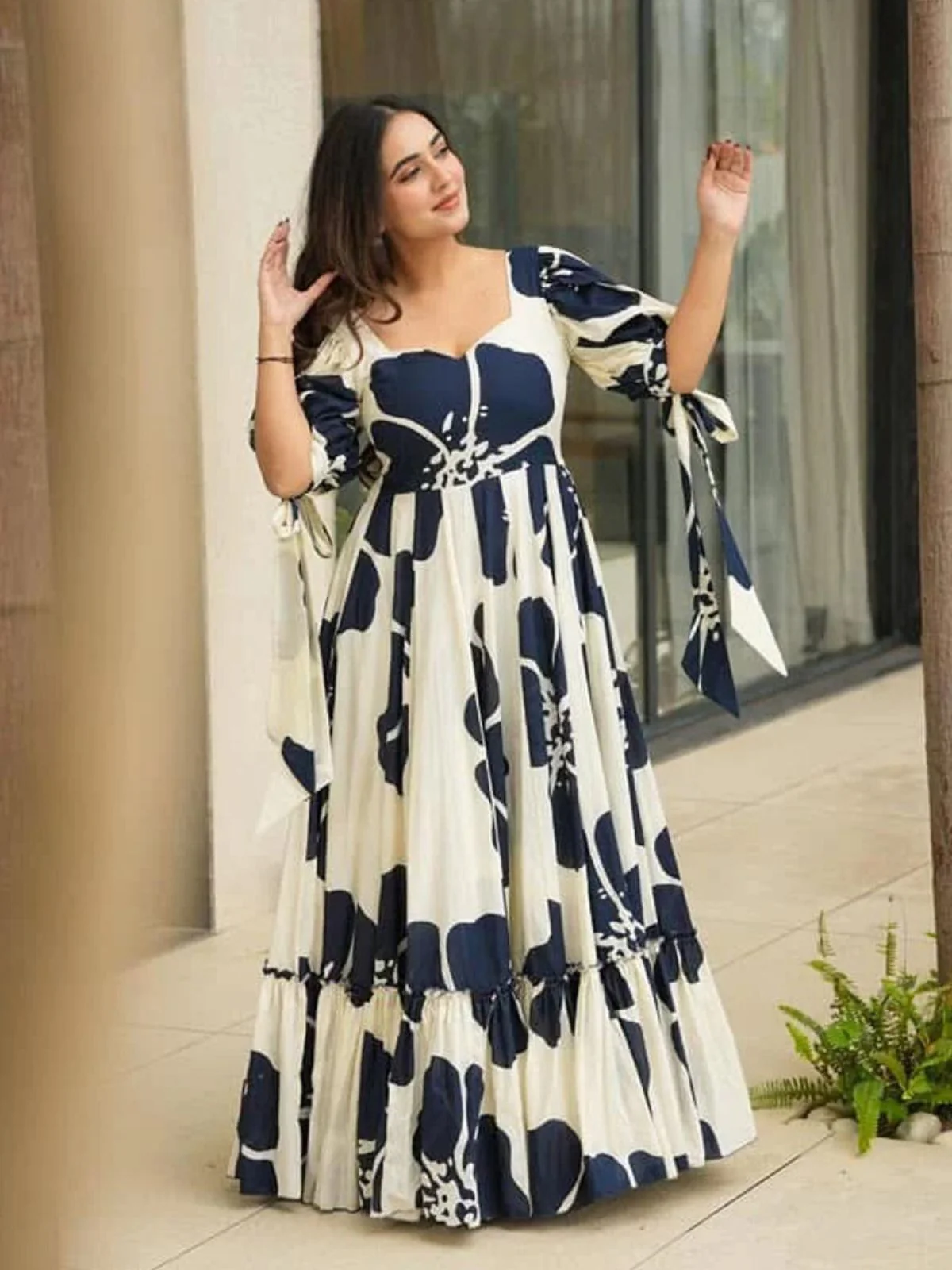 Odette White & Blue Cotton Blend Printed Gown For Women - Image 3