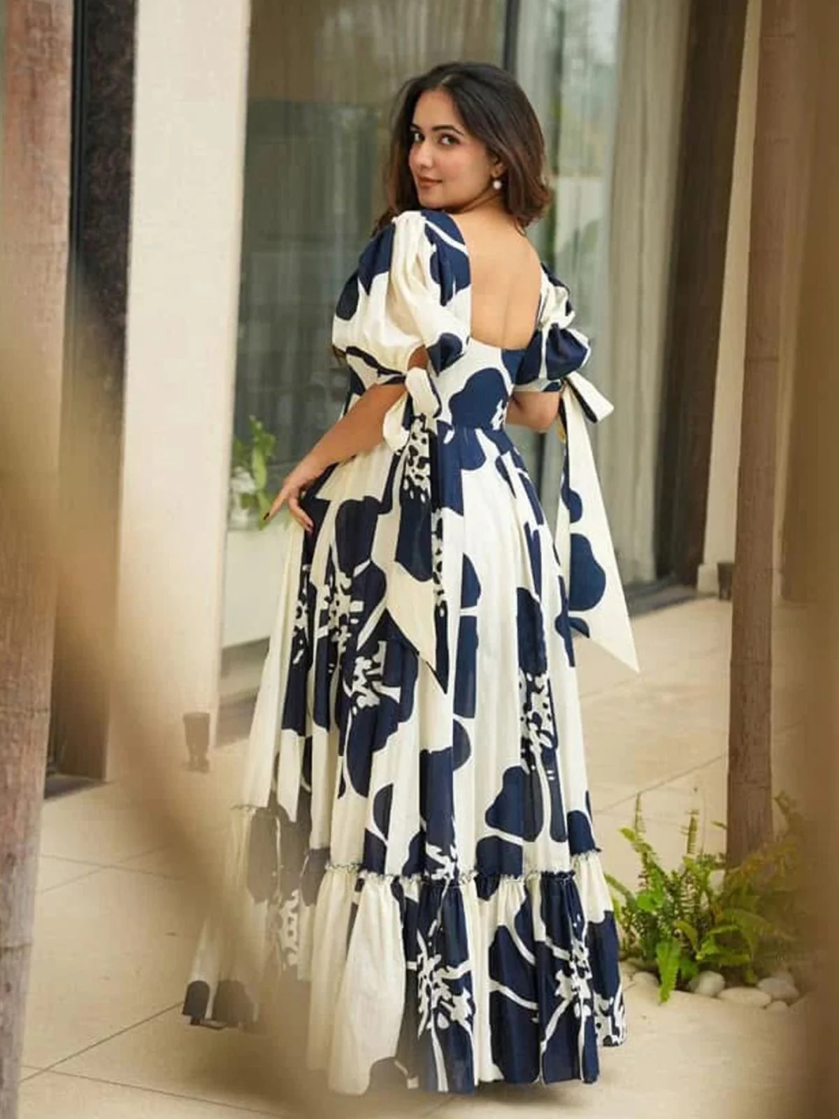 Odette White & Blue Cotton Blend Printed Gown For Women - Image 5