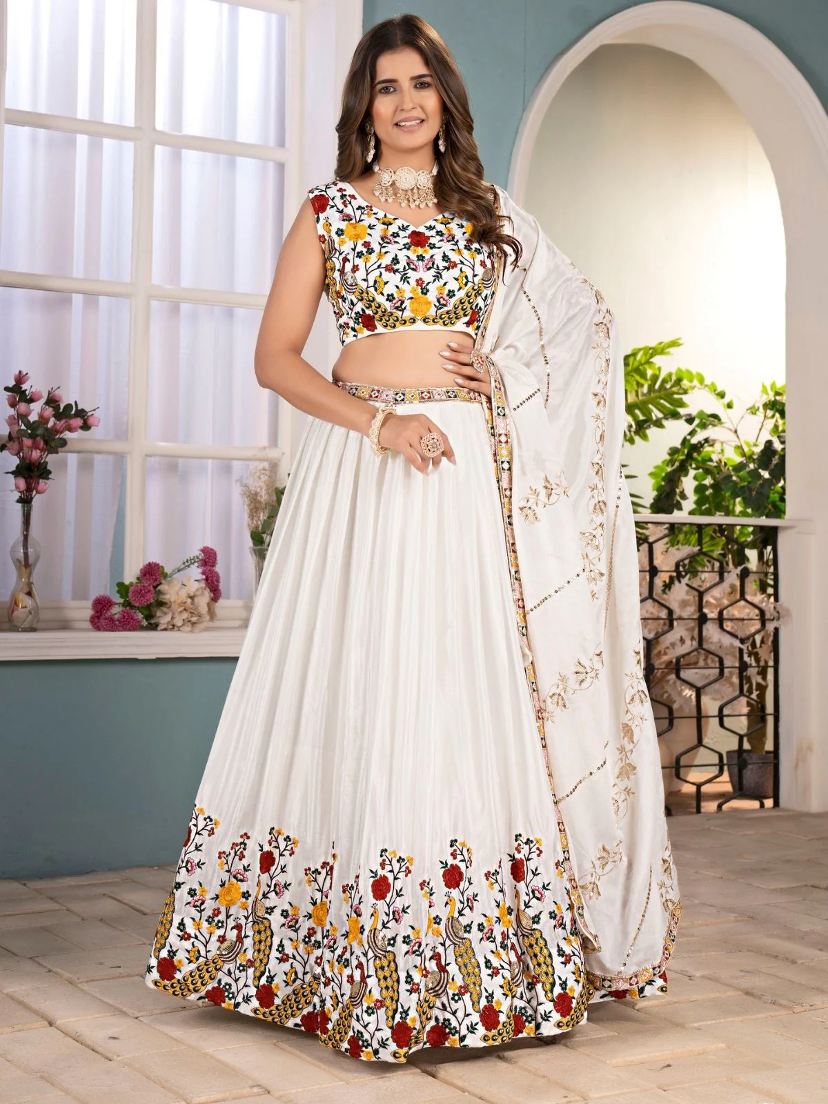 Odette White Chinon Embellished Semi Stitched Lehenga For Women - Image 2