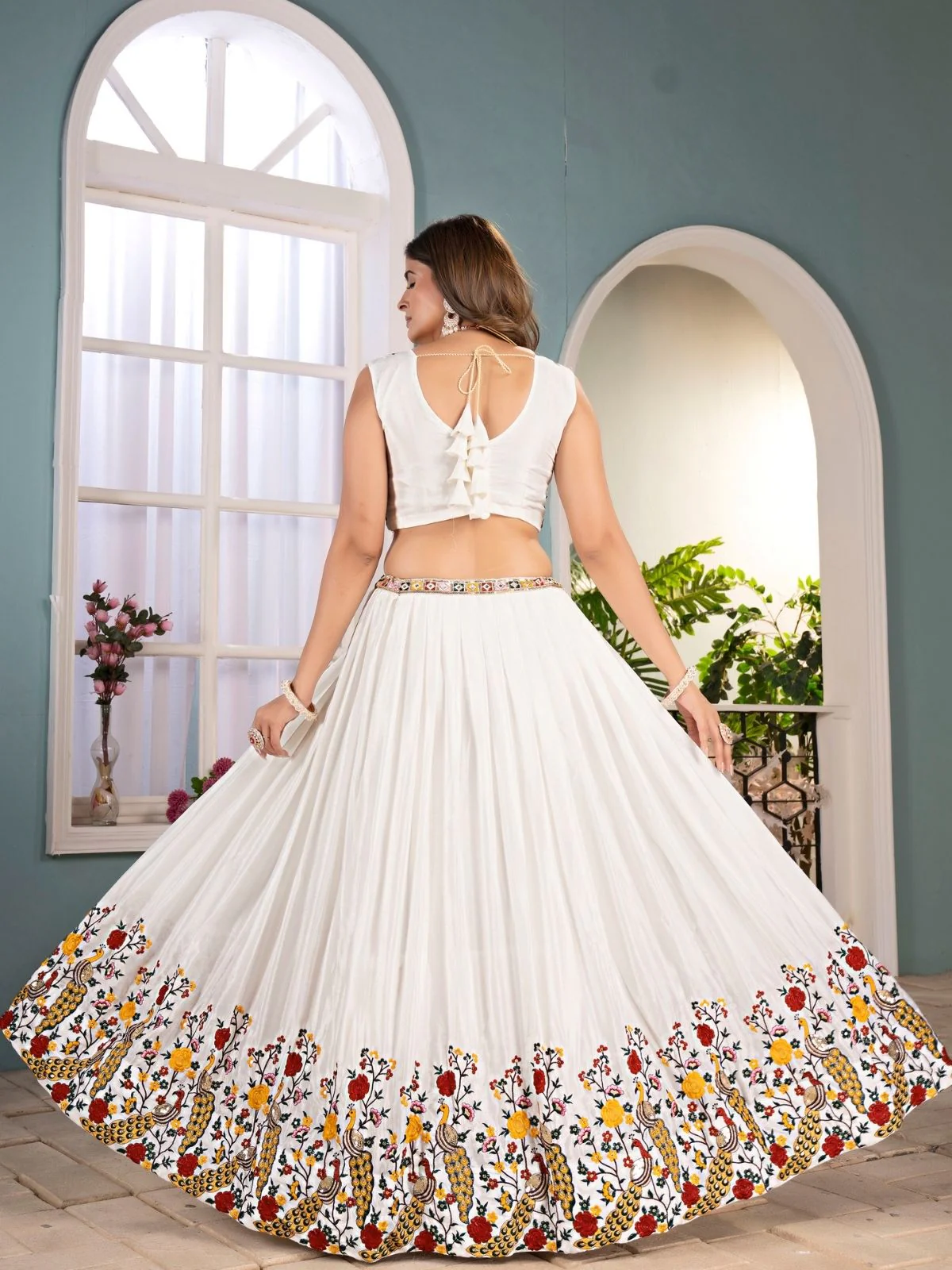 Odette White Chinon Embellished Semi Stitched Lehenga For Women - Image 3