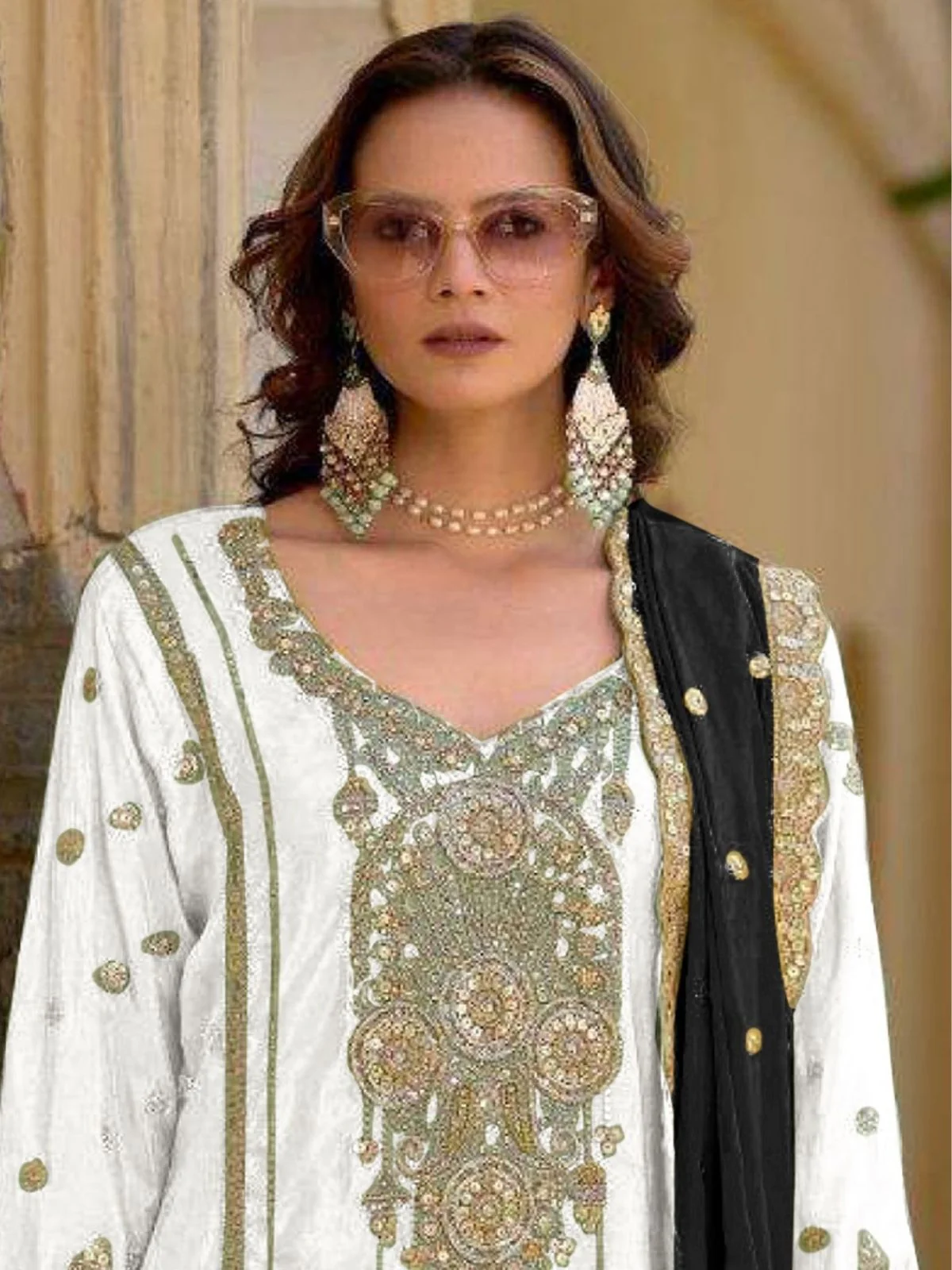 Odette White Chinon Embroidered Semi-Sitched Kurta Set For Women - Image 2