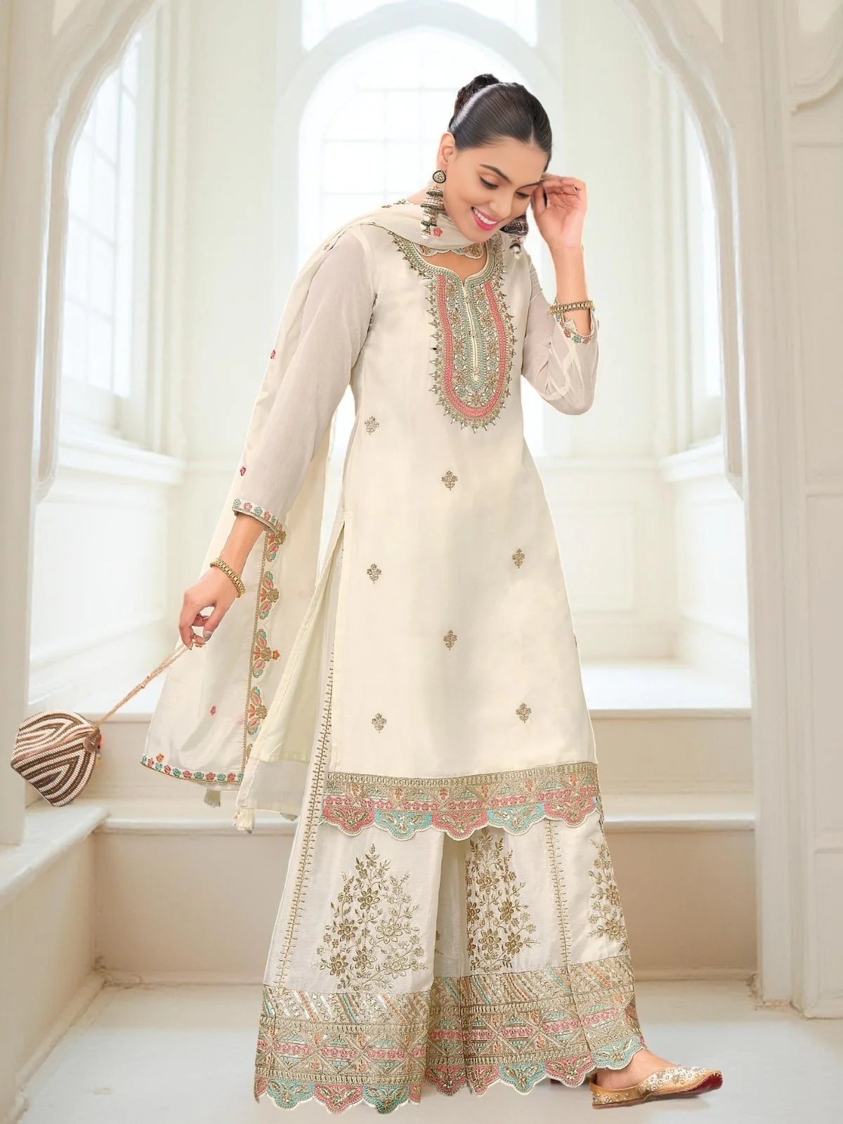 Odette White Chinon Embroidered Stitched Kurta Set For Women - Image 2