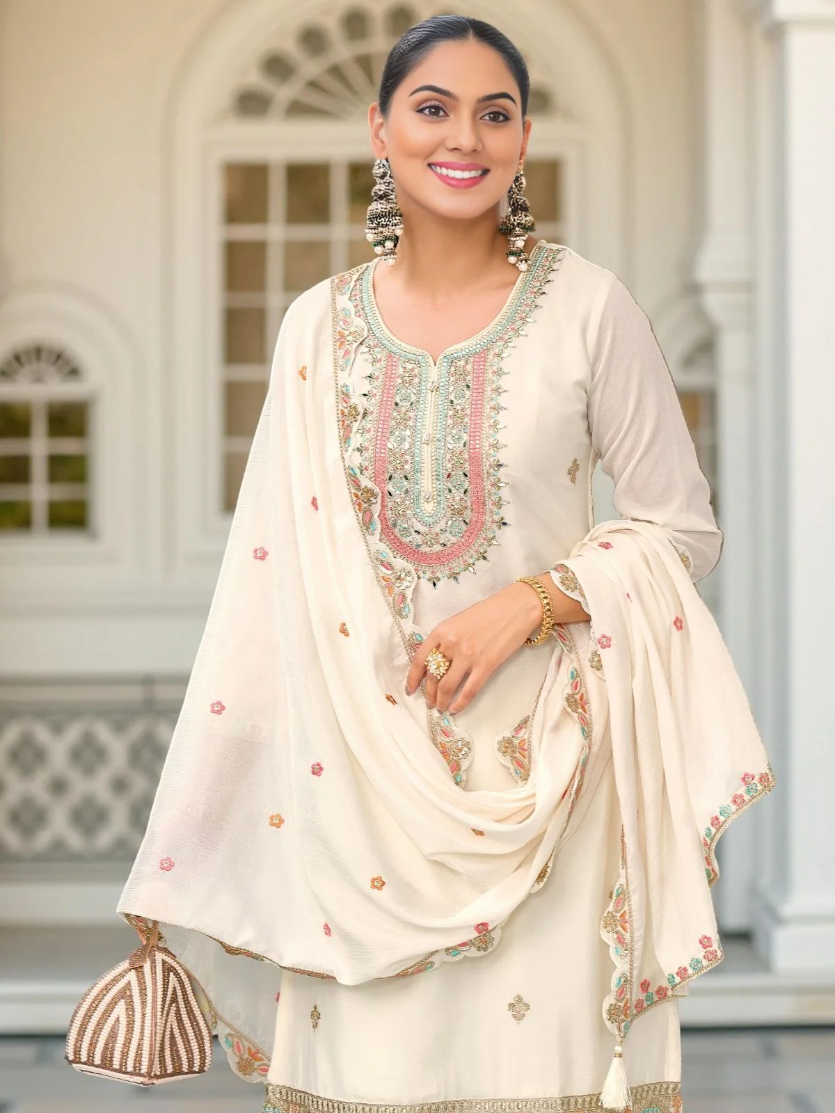 Odette White Chinon Embroidered Stitched Kurta Set For Women - Image 4