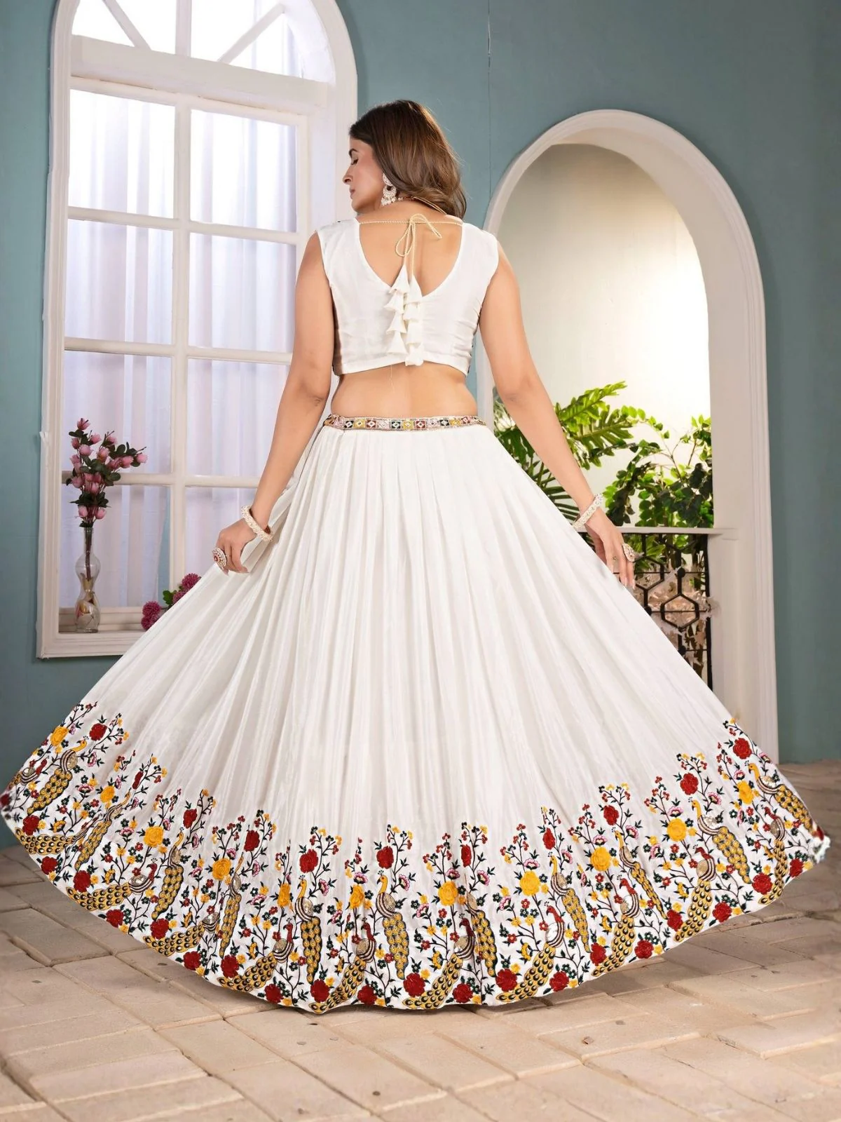 Odette White Chinon Sequence Embroidered Semi-Stitched Lehenga For Women - Image 2