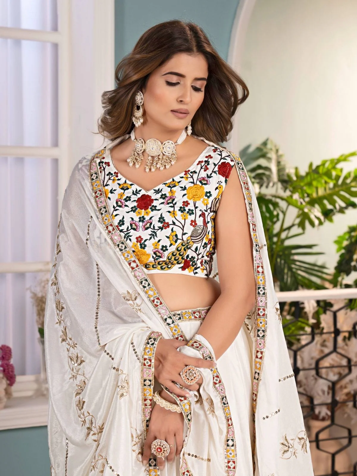 Odette White Chinon Sequence Embroidered Semi-Stitched Lehenga For Women - Image 3