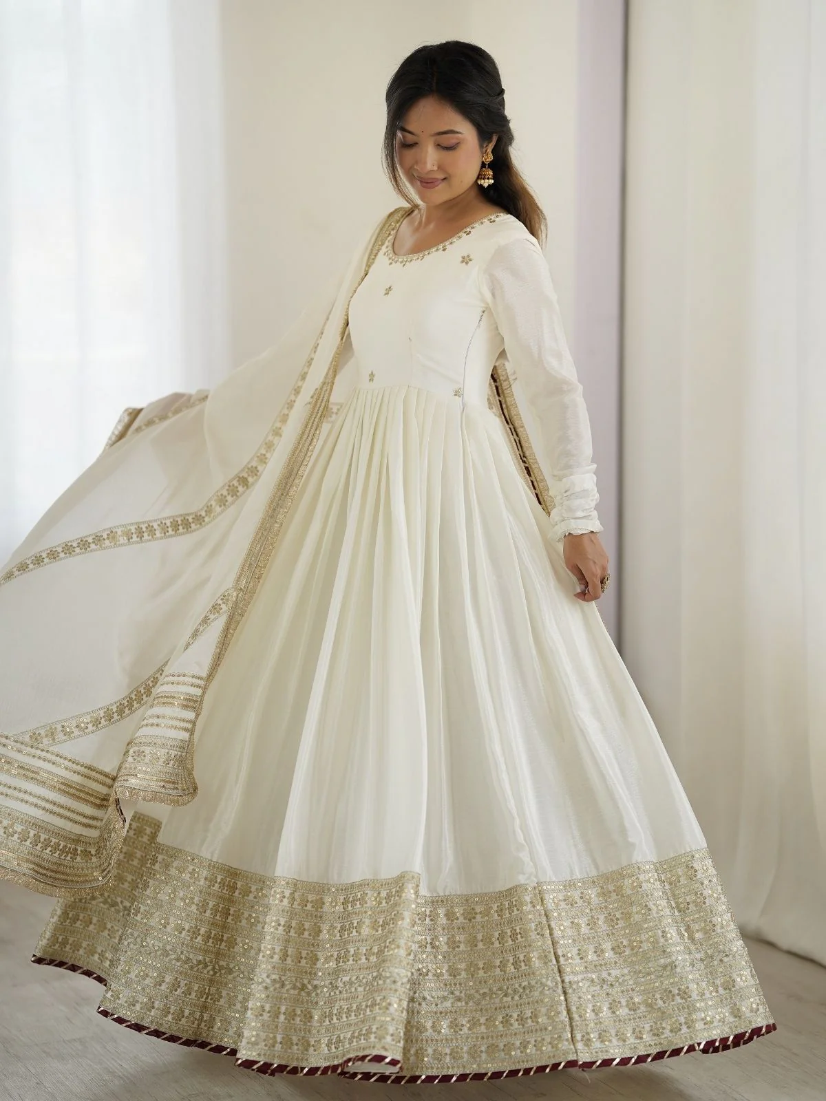 Odette White Chinon Silk Embroidered Stitched Kurta Set For Women - Image 2