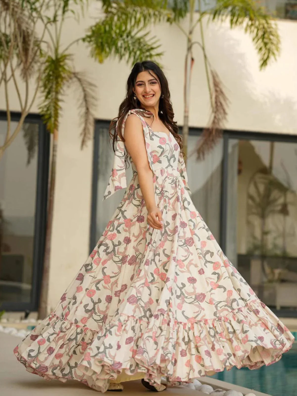 Odette White Cotton Blend Digital Floral Printed Stitched Gown For Women - Image 3