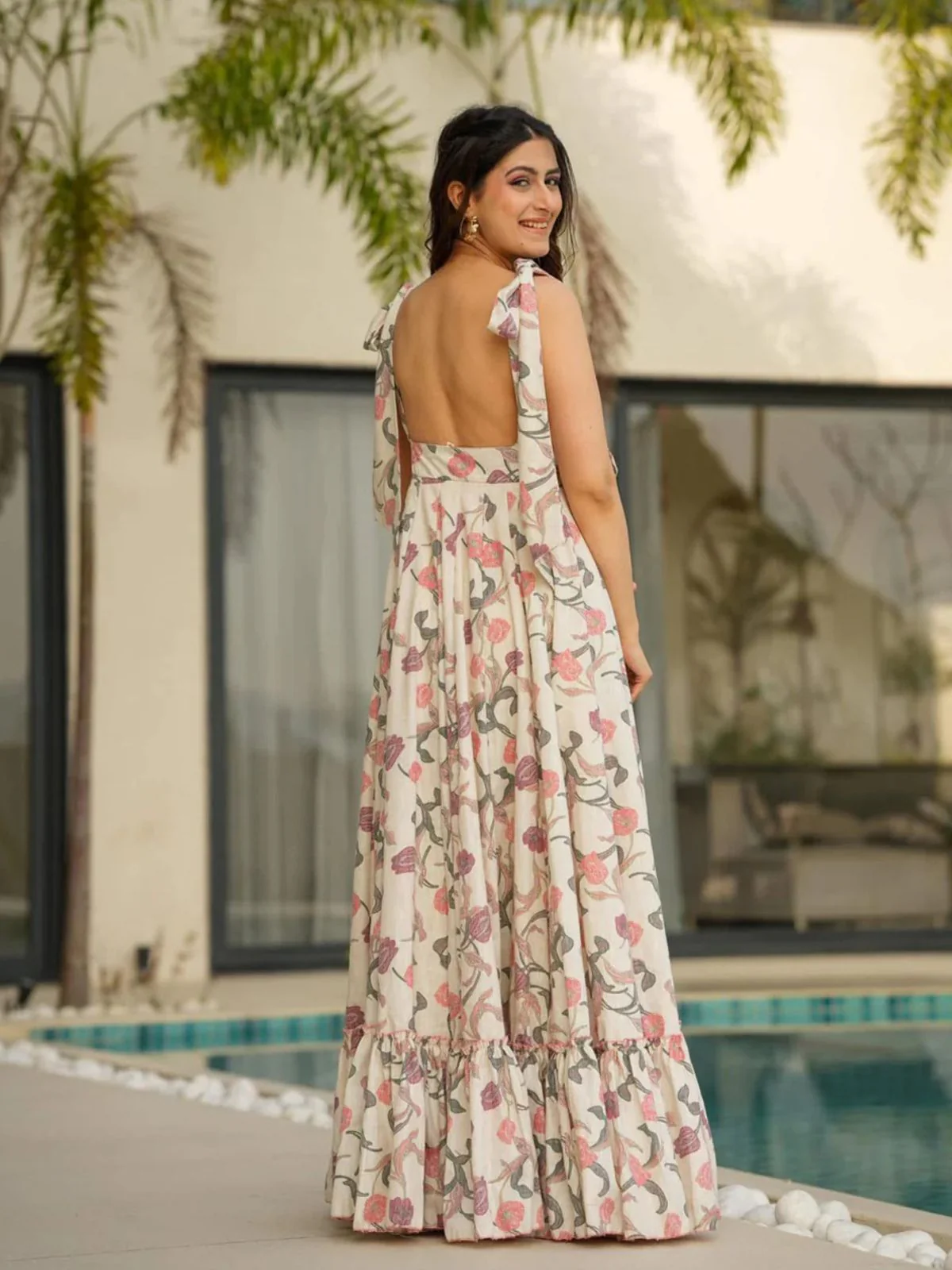 Odette White Cotton Blend Digital Floral Printed Stitched Gown For Women - Image 4