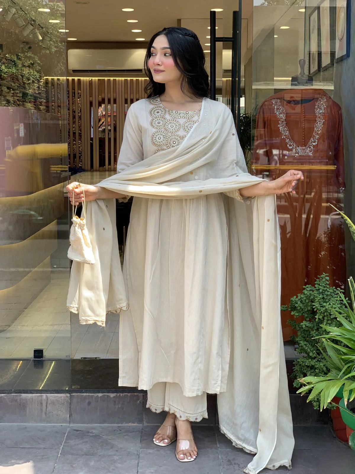 Odette White Cotton Blend Embroidered Kurta Set For Women