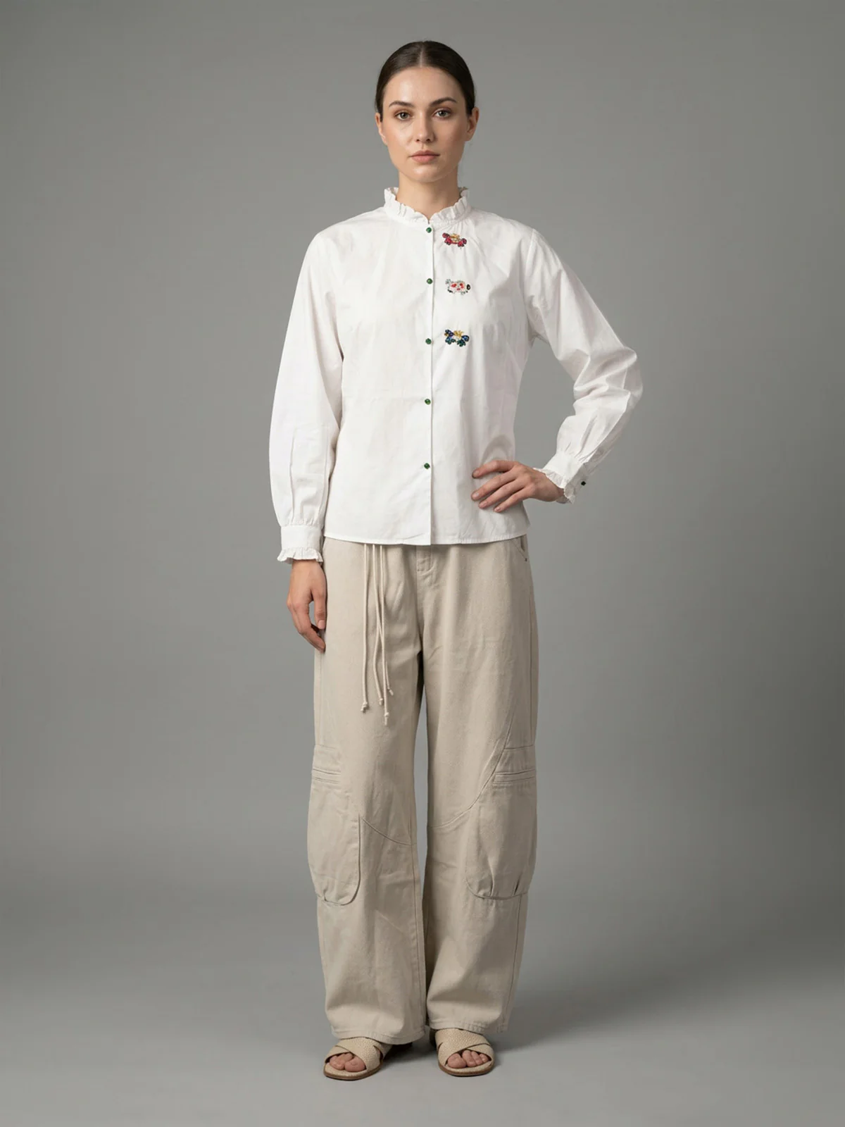 Odette White Cotton Embroidered Shirt For Women