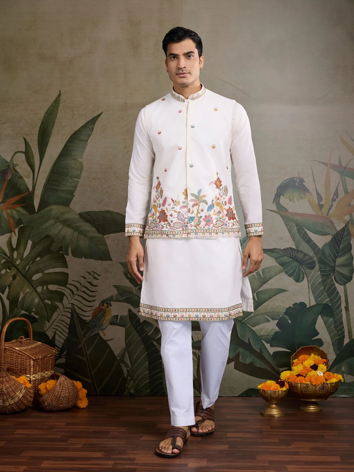 Odette White Cotton Blend Embroidered Stitched Kurta For Men