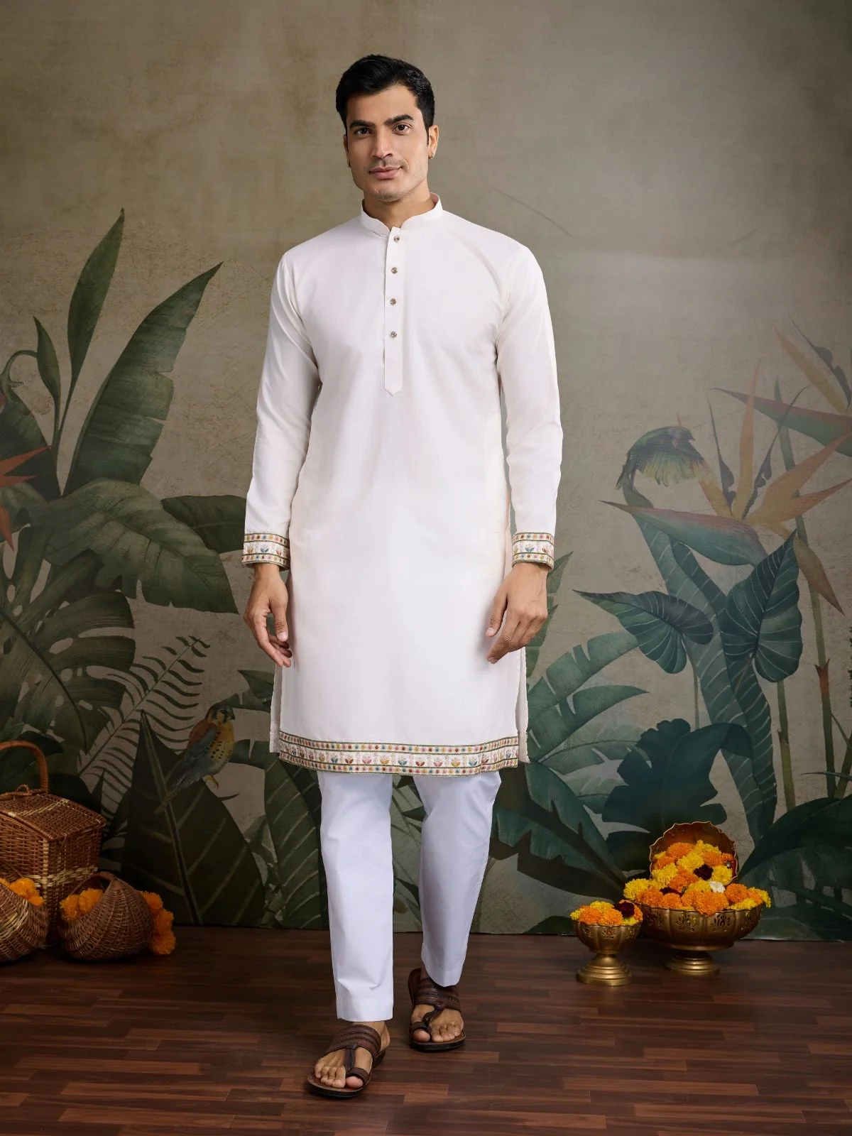 Odette White Cotton Blend Embroidered Stitched Kurta For Men - Image 4