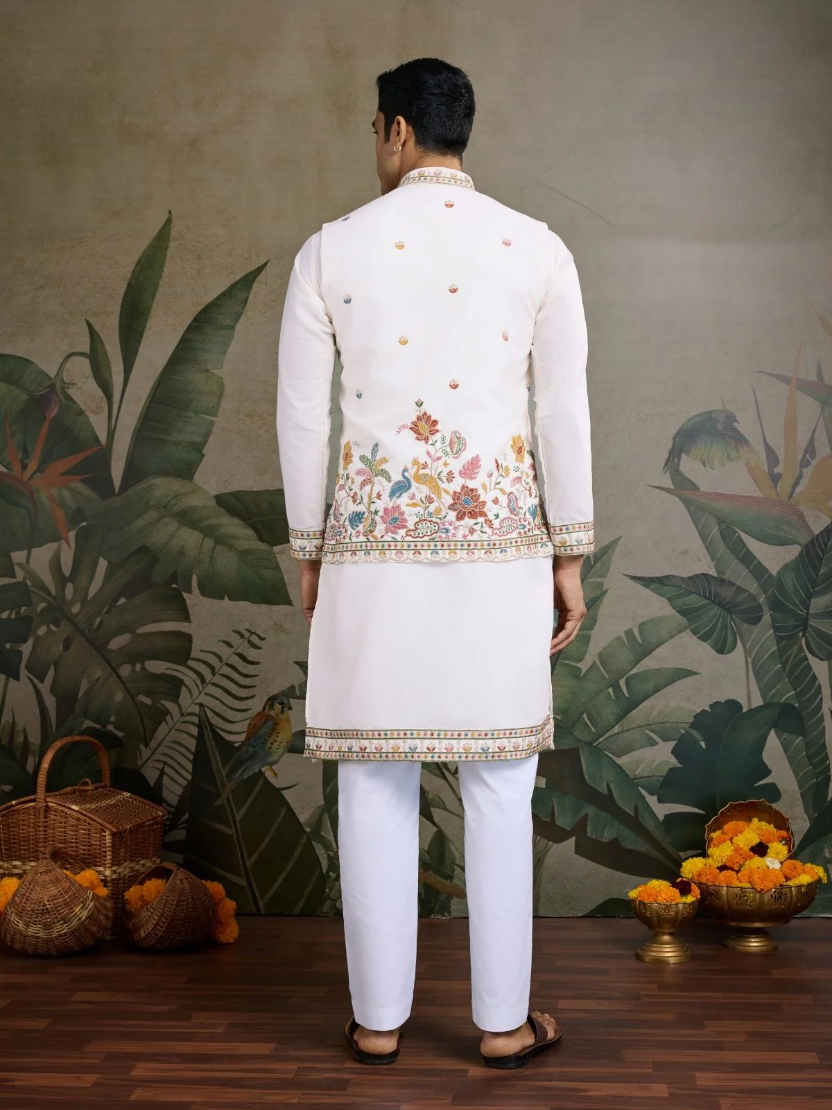 Odette White Cotton Blend Embroidered Stitched Kurta For Men - Image 5
