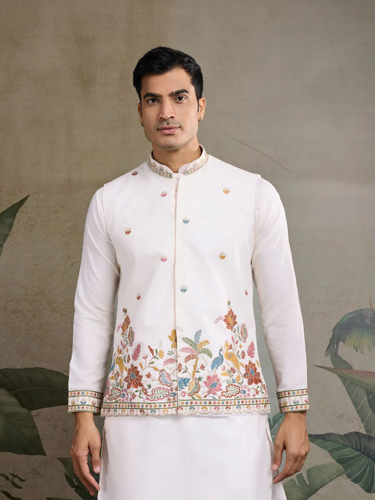 Odette White Cotton Blend Embroidered Stitched Kurta For Men - Image 6