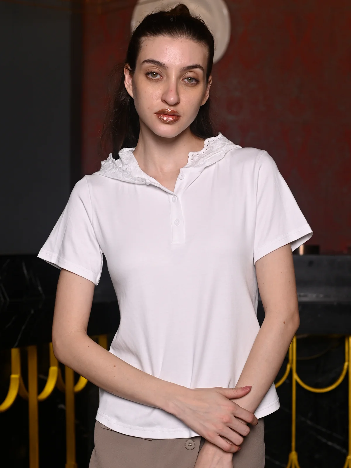 Odette White Cotton Blend Jersey Solid With Hakoba T-Shirt For Women - Image 3