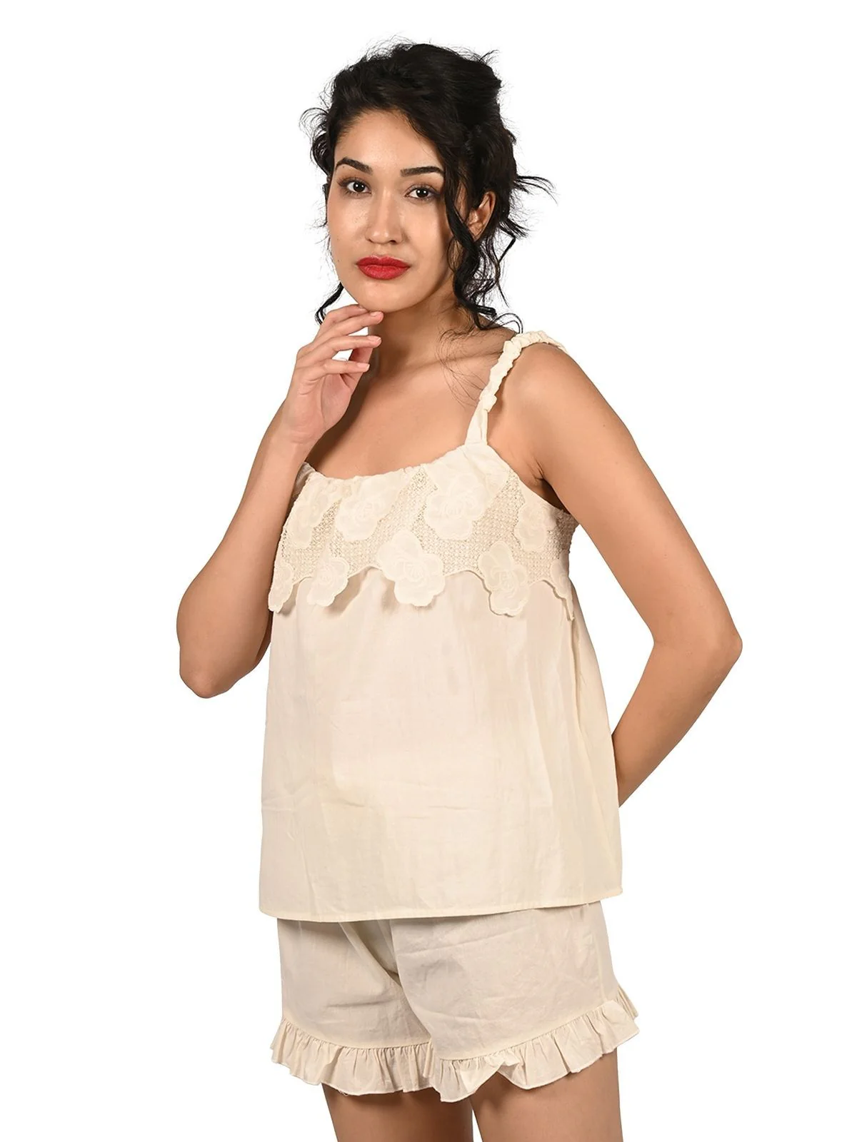Odette White Cotton Blend Lace Work Night Wear Set For Women - Image 2