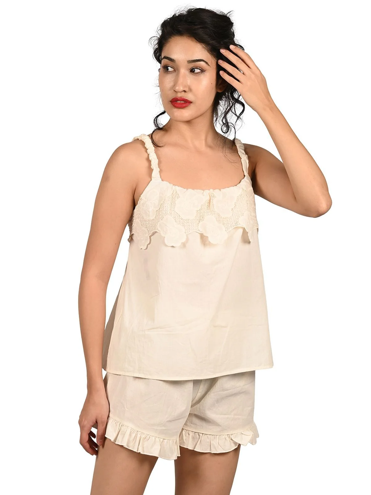 Odette White Cotton Blend Lace Work Night Wear Set For Women - Image 3