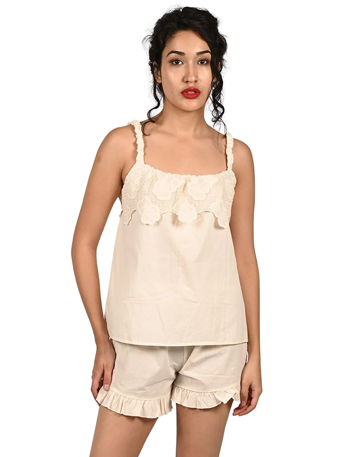 Odette White Cotton Blend Lace Work Night Wear Set For Women - Image 5