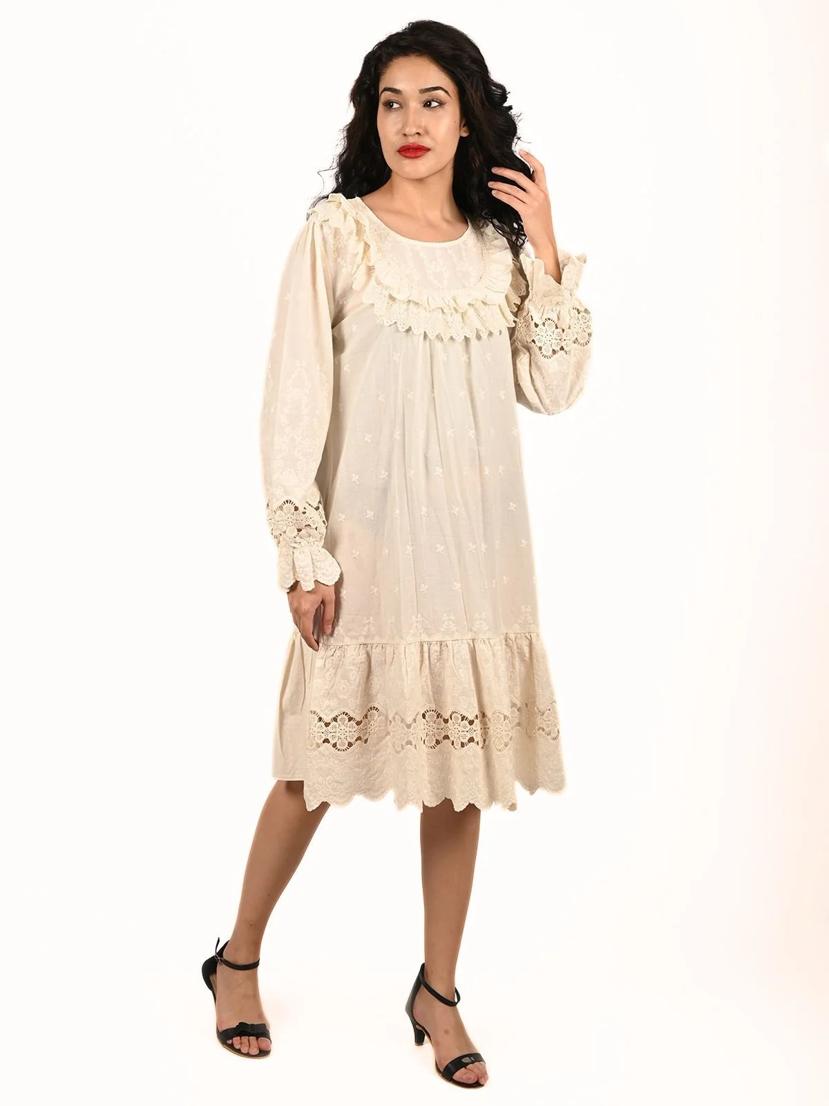 Odette White Cotton Blend Pleated Ruffle Dress For Women - Image 2