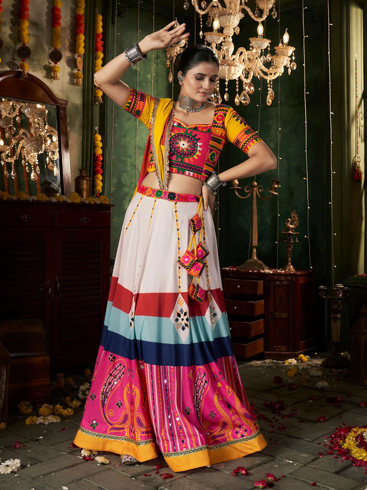 Odette Multicolor Cotton Blend Printed Stitched Lehenga With Blouse For Women - Image 2