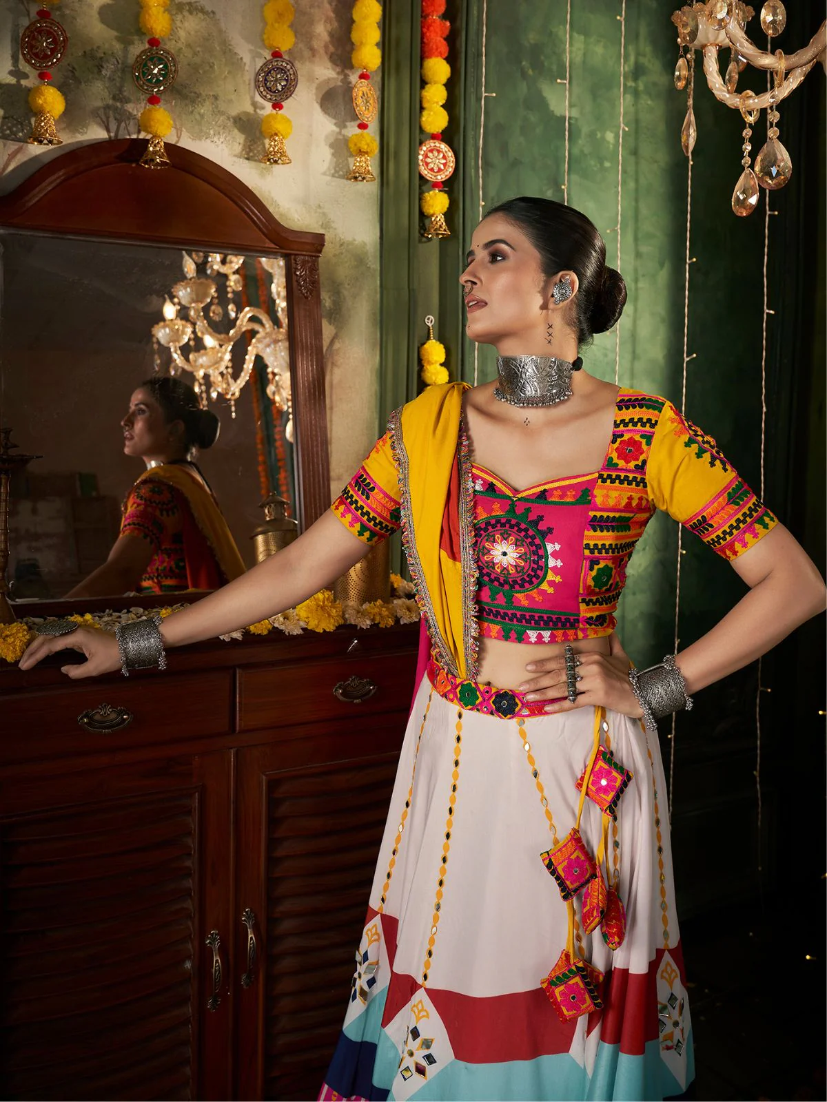 Odette Multicolor Cotton Blend Printed Stitched Lehenga With Blouse For Women - Image 5