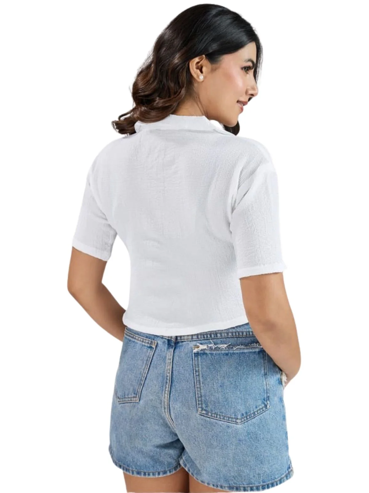 Odette White Cotton Blend Solid Shirt For Women - Image 3