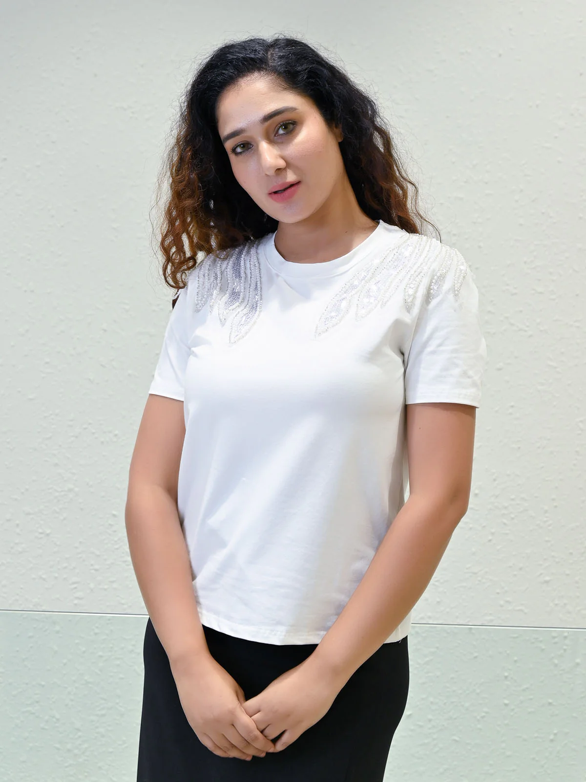 Odette White Cotton Blend Solid Top For Women