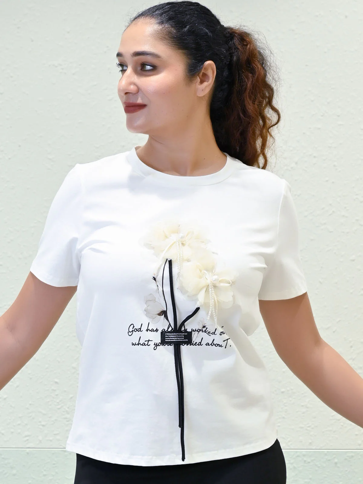 Odette White Cotton Blend Solid Top For Women
