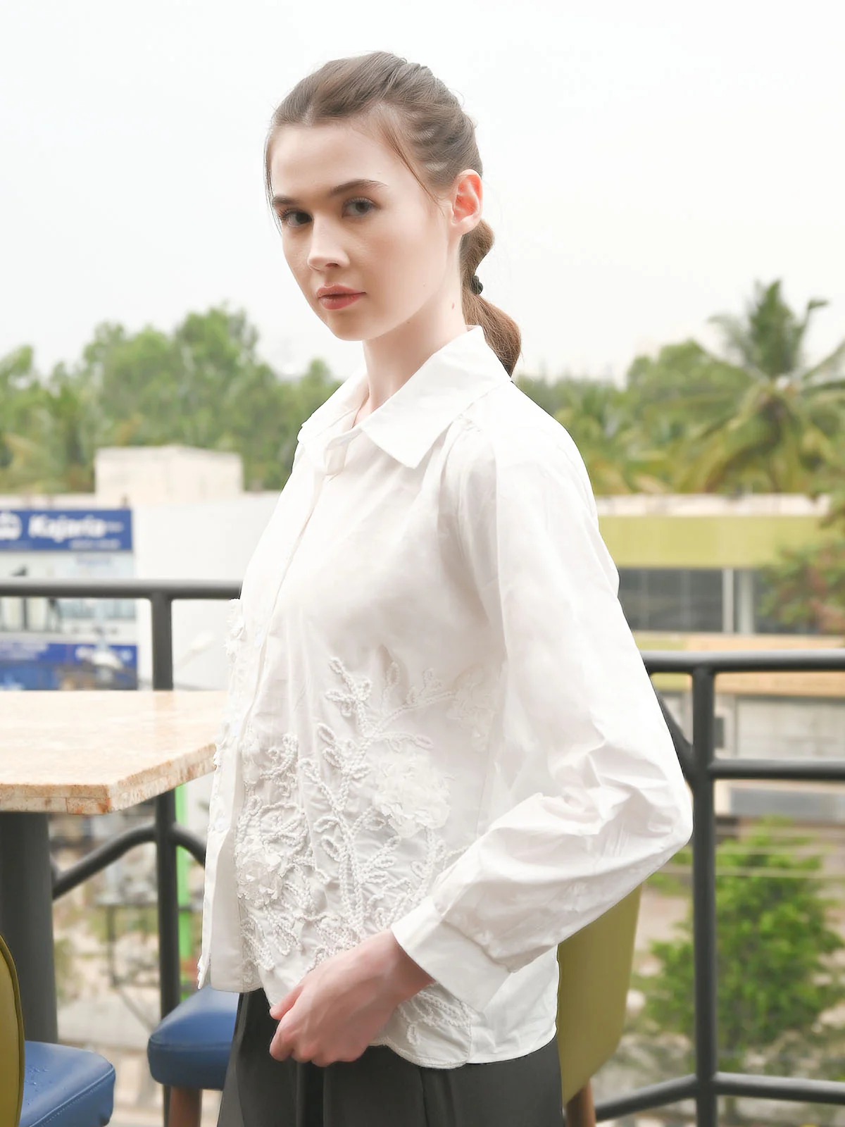Odette White Cotton Blend Solid Top For Women - Image 3