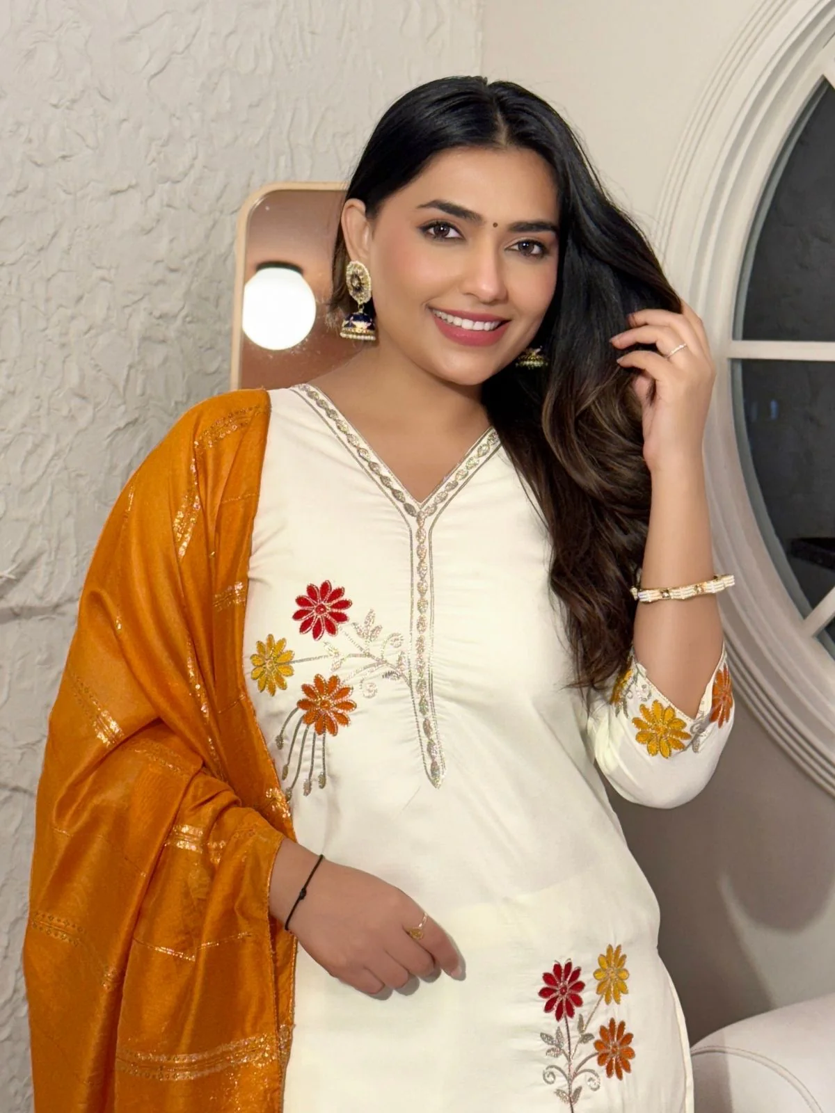 Odette White Cotton Embriodered Stitched Kurta Set For Women - Image 3