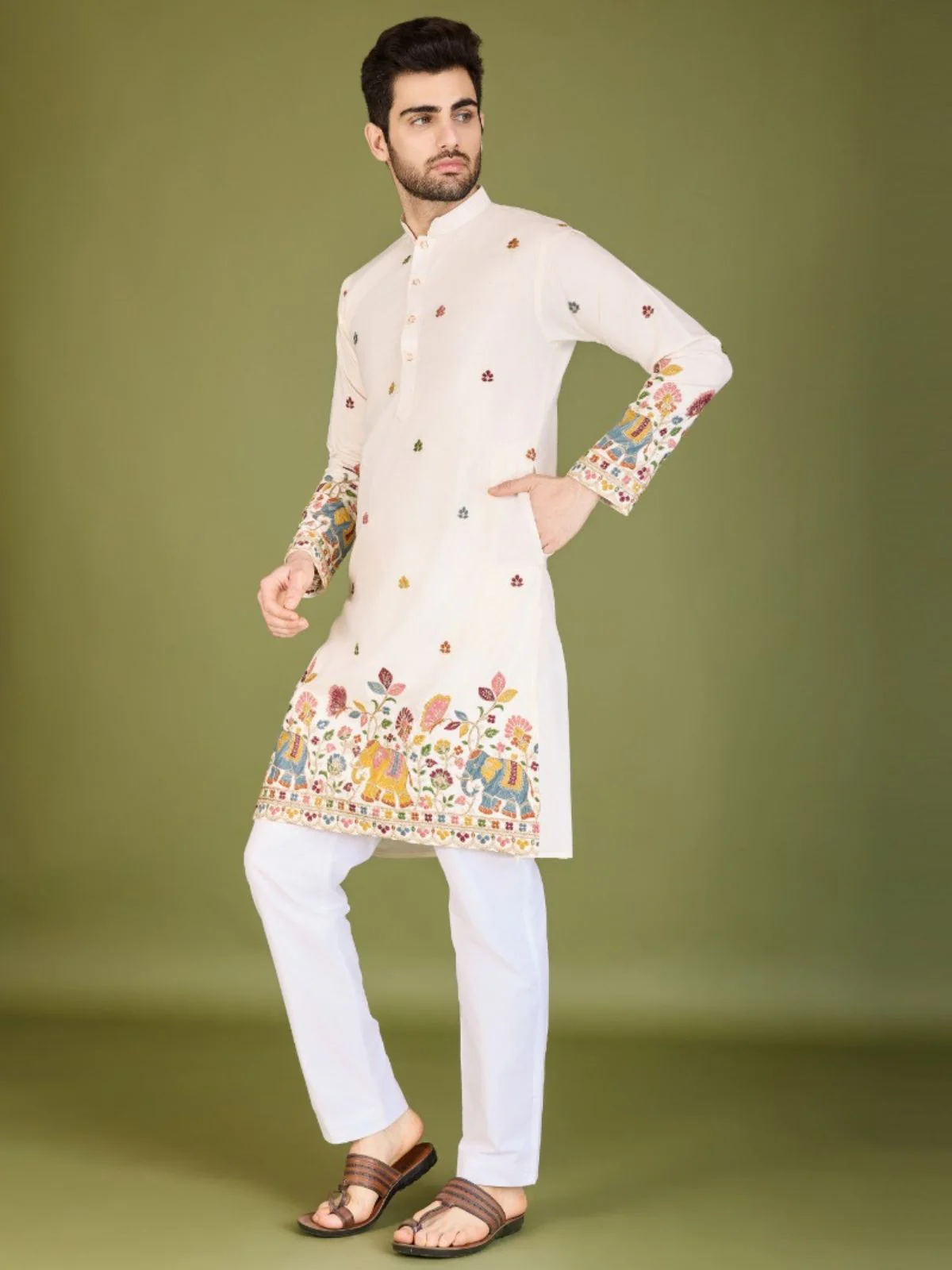 Odette White Cotton Embroidered Stitched Kurta For Men - Image 2