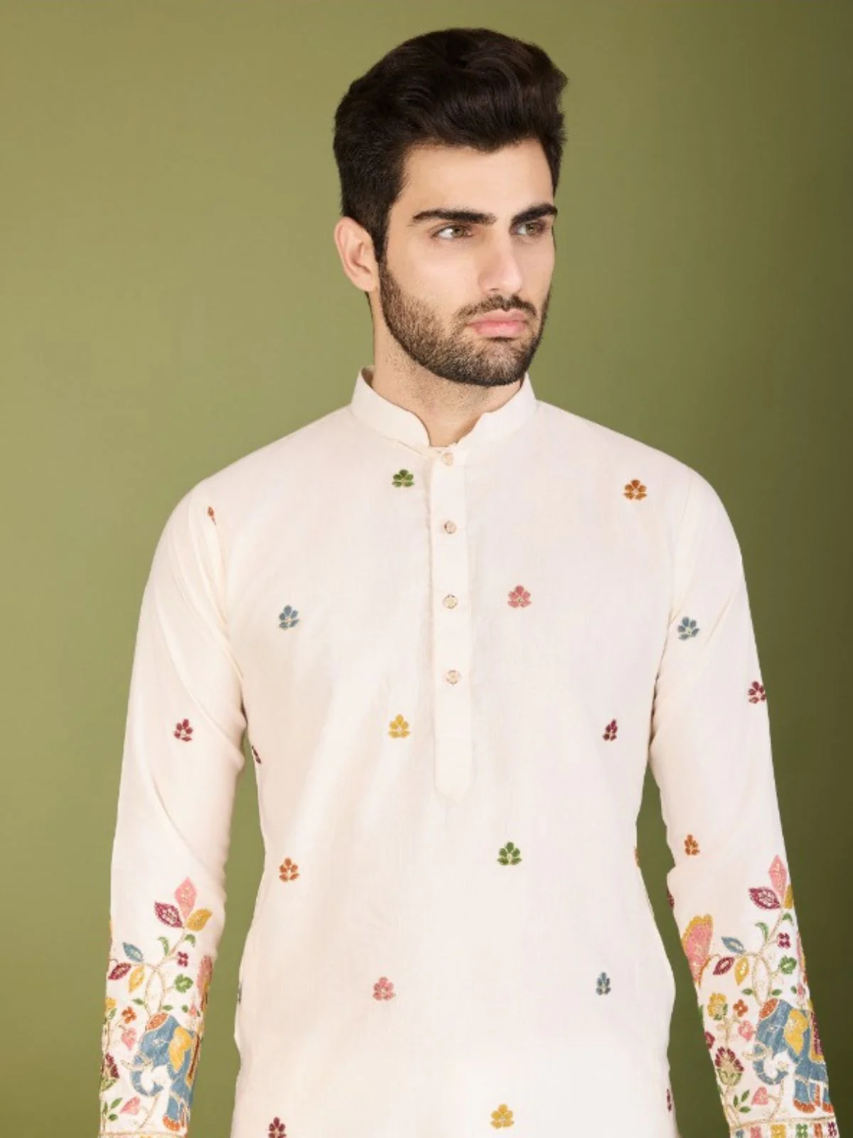 Odette White Cotton Embroidered Stitched Kurta For Men - Image 3