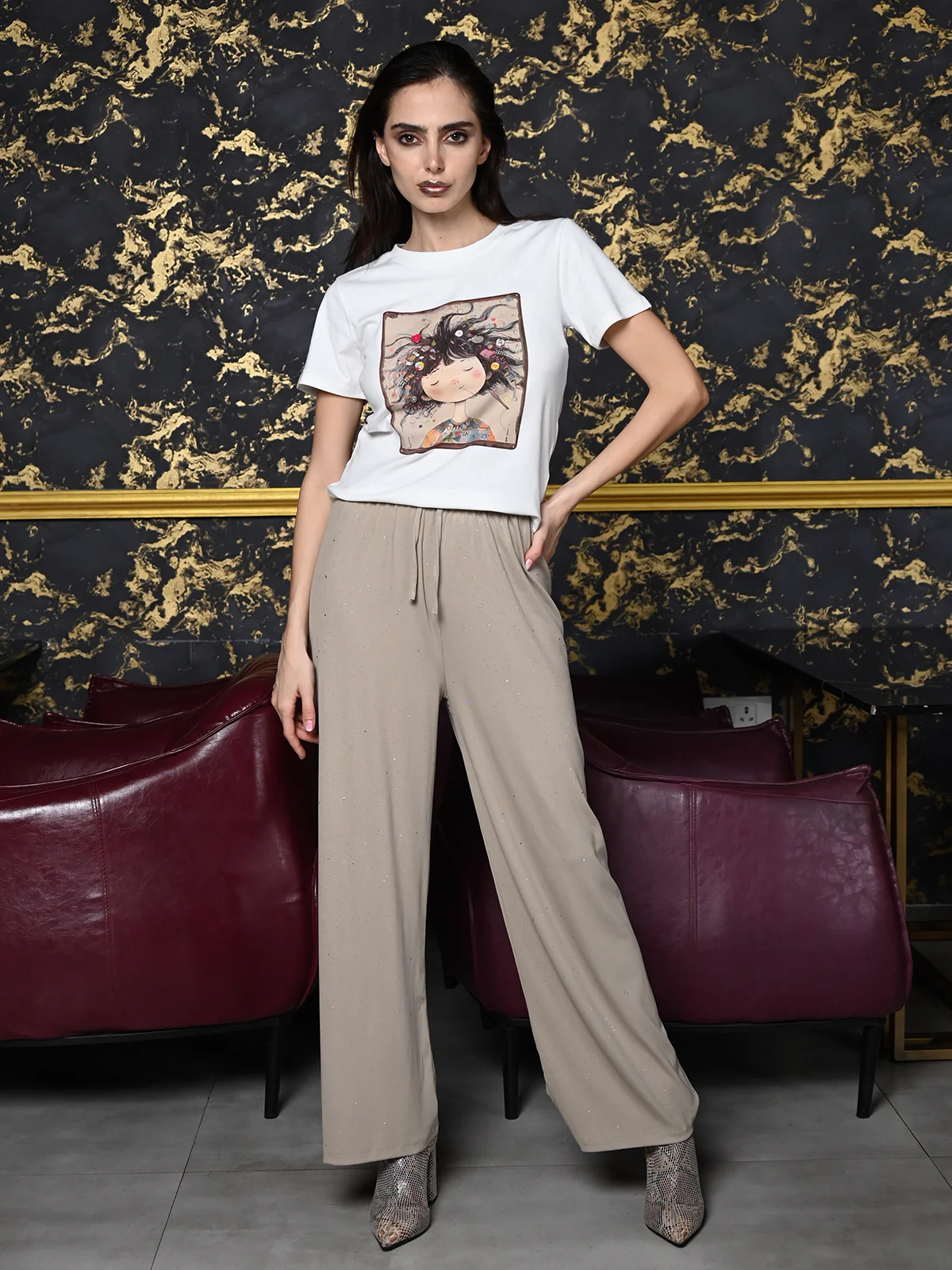 Odette White Cotton Jersey Embellished T-Shirt For Women - Image 2