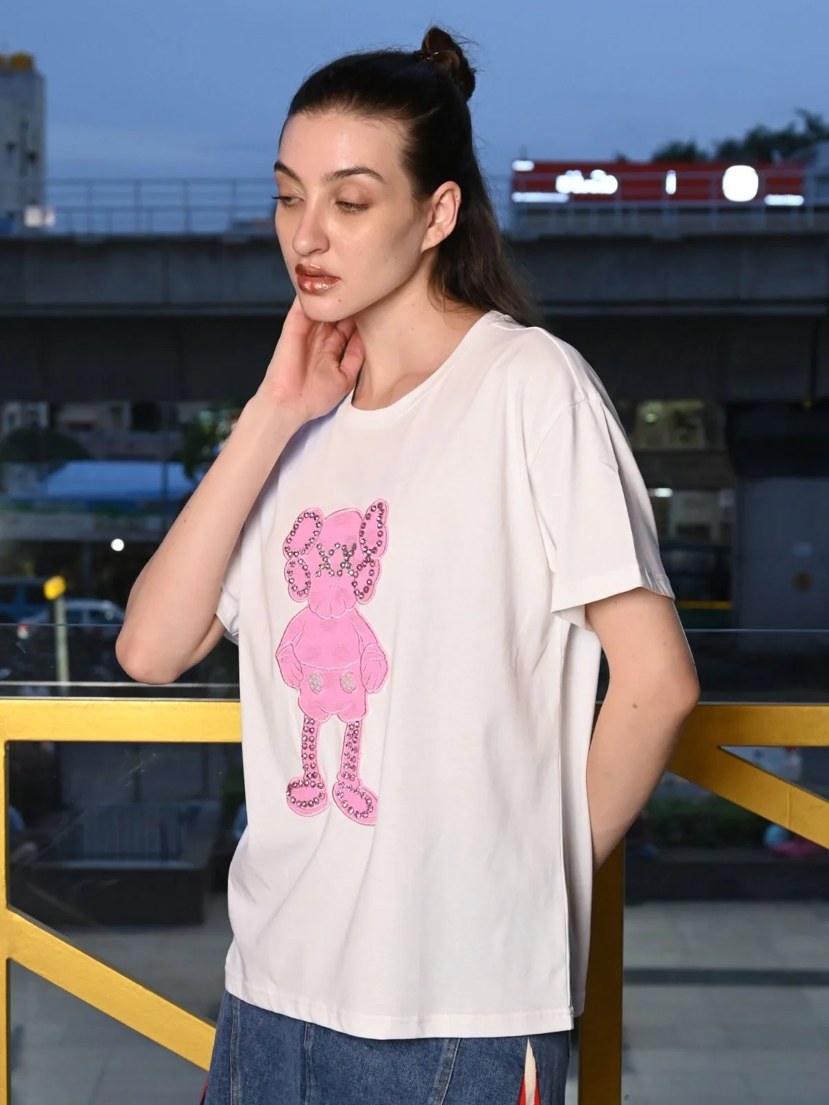 Odette White Cotton Jersey Embellished T-Shirt For Women - Image 2